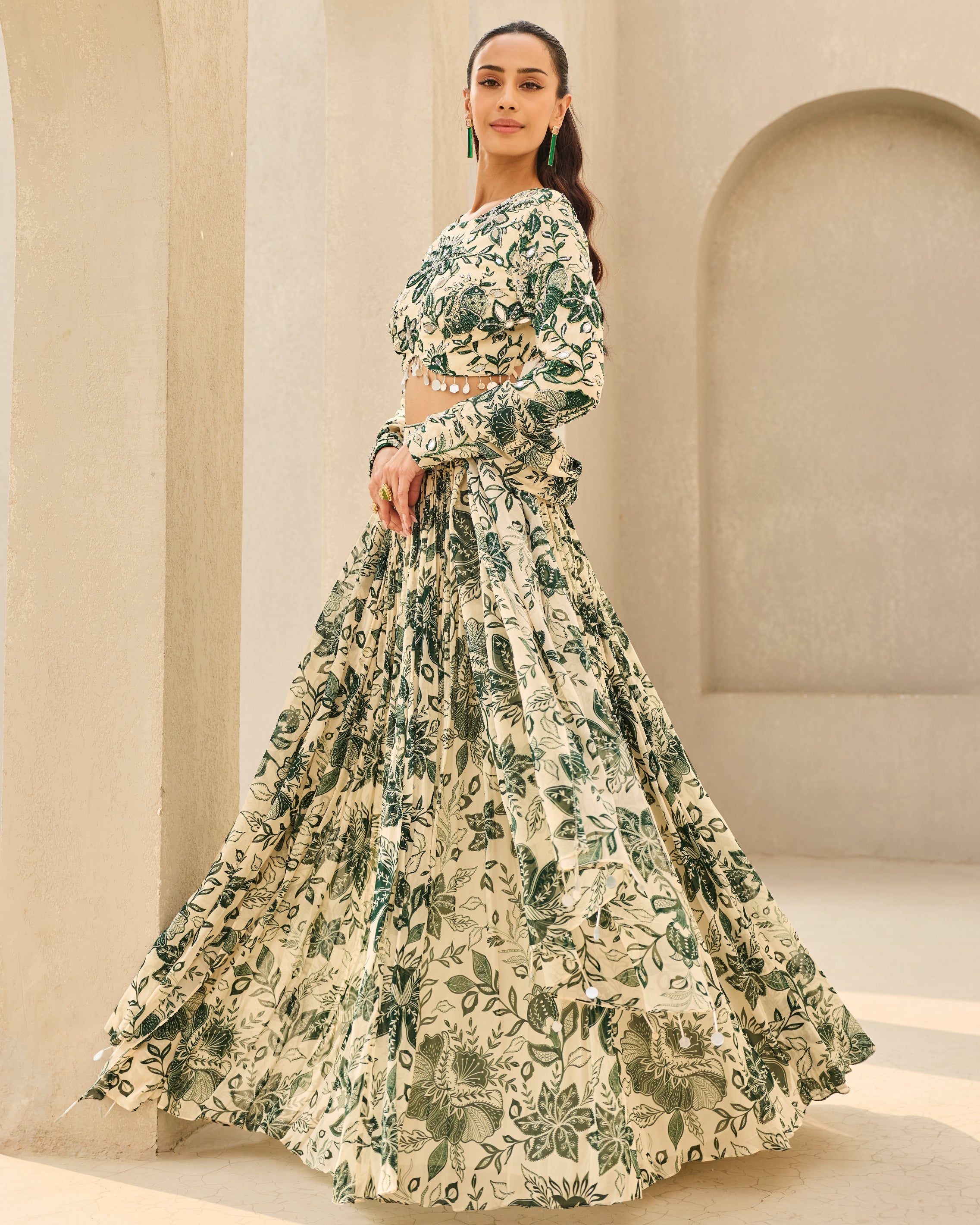 Ivory & Green Floral Printed Lehenga Set