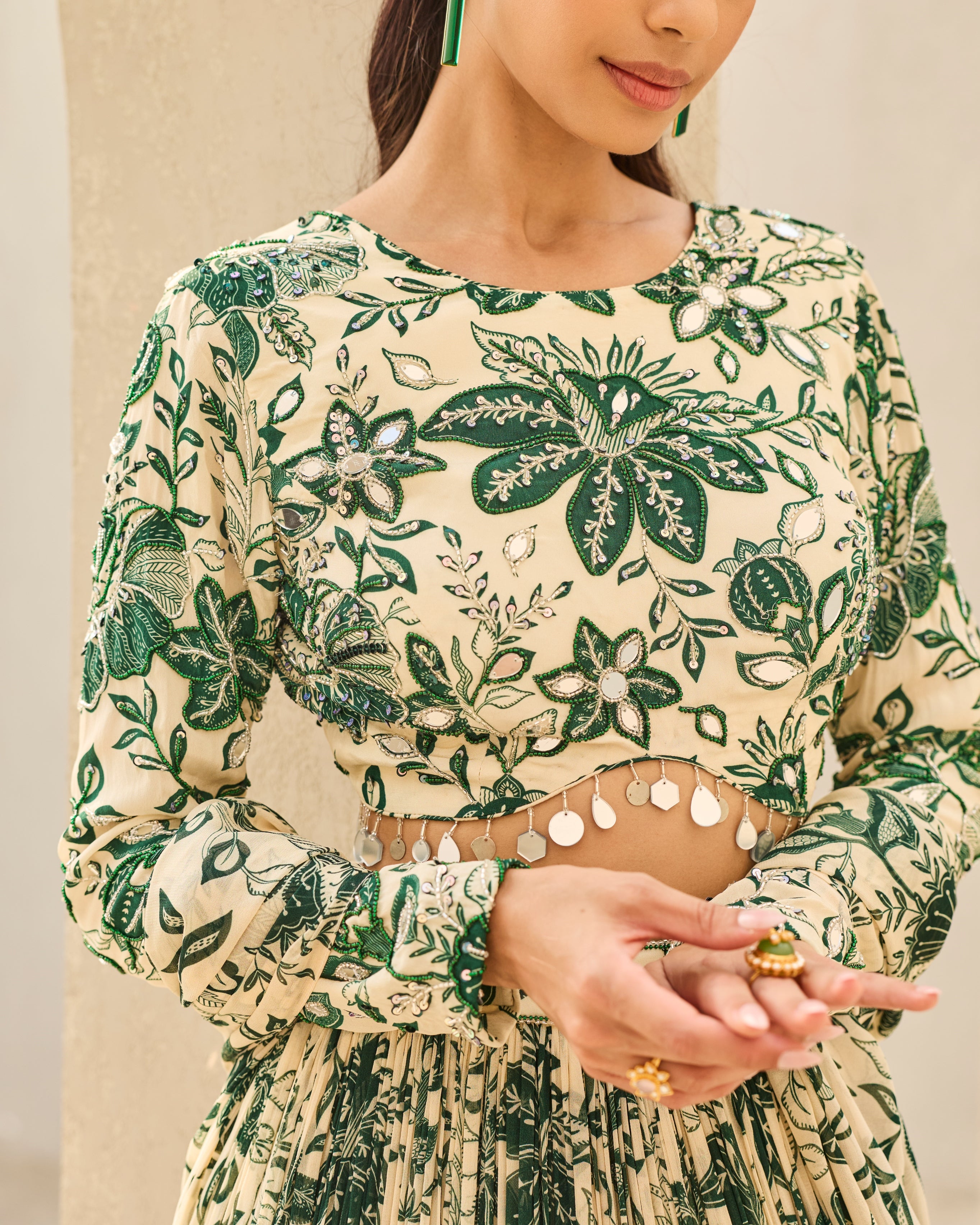 Ivory & Green Floral Printed Lehenga Set