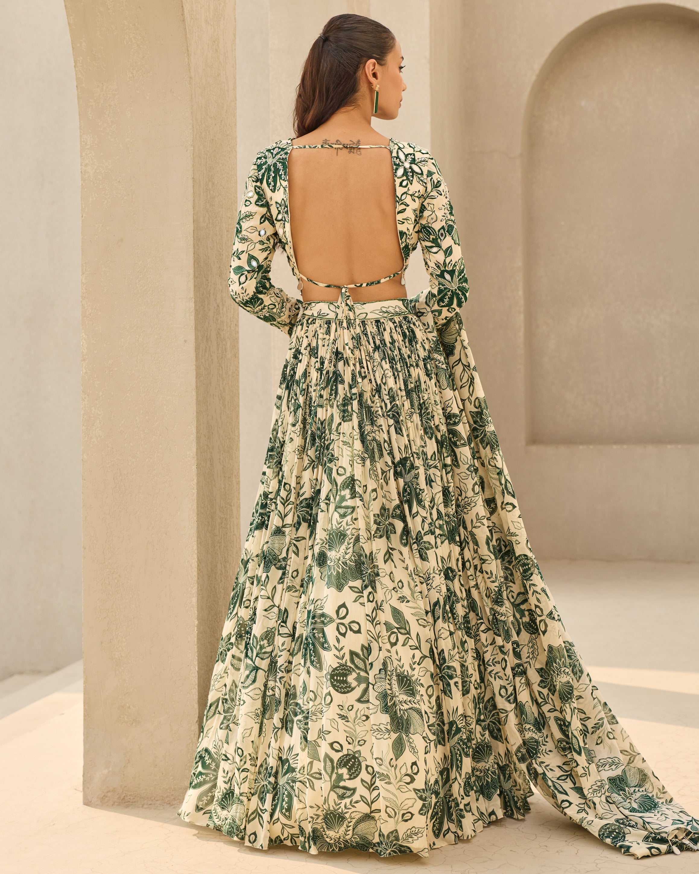 Ivory & Green Floral Printed Lehenga Set