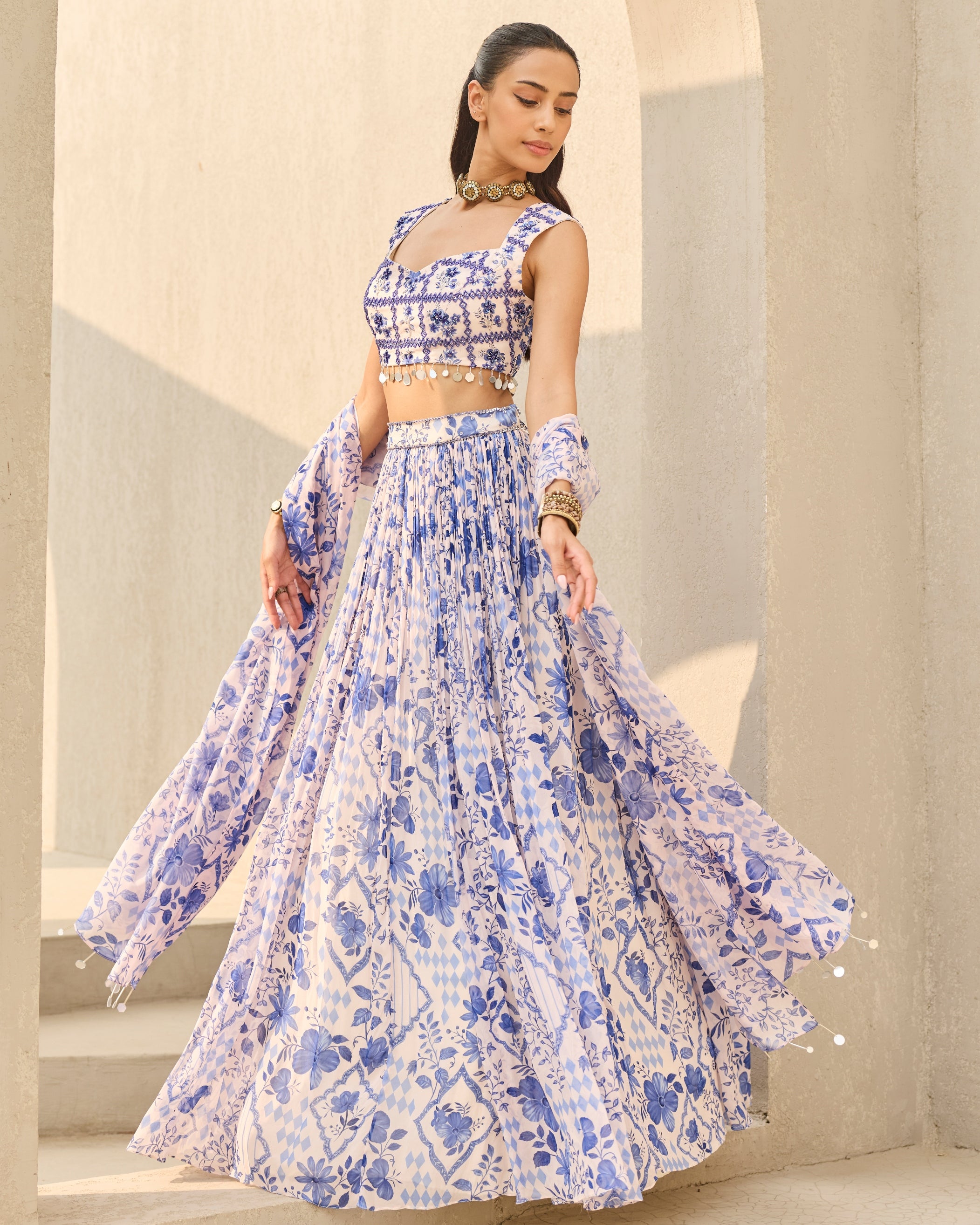 Ivory & Blue Abstract Floral Printed Lehenga Set