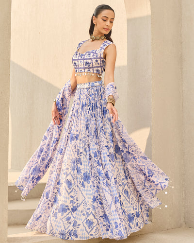 Ivory & Blue Abstract Floral Printed Lehenga Set