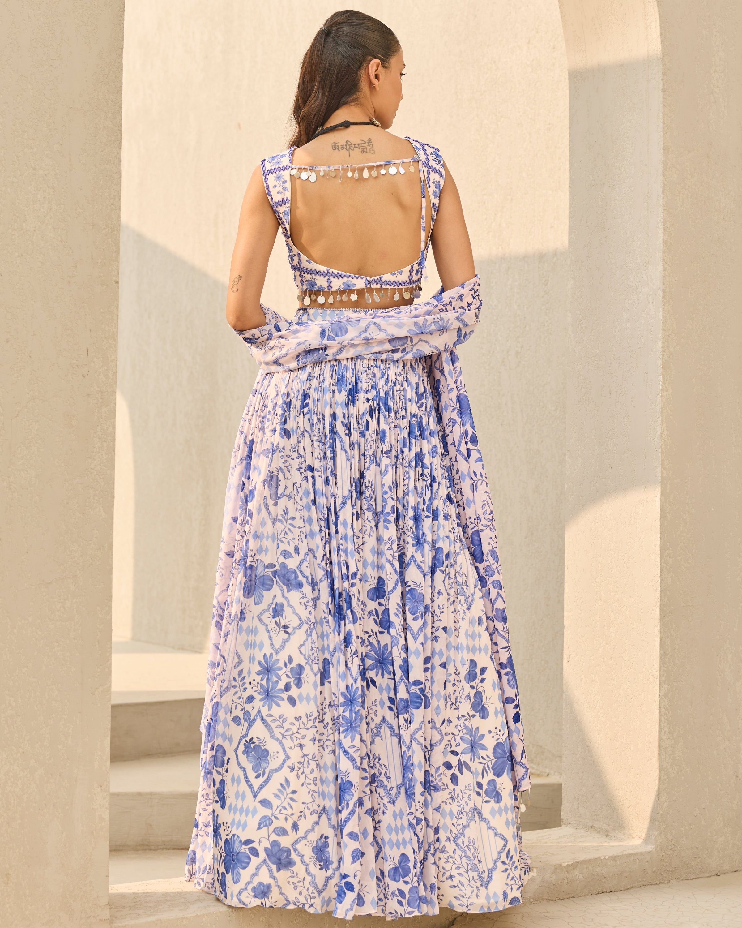 Ivory & Blue Abstract Floral Printed Lehenga Set