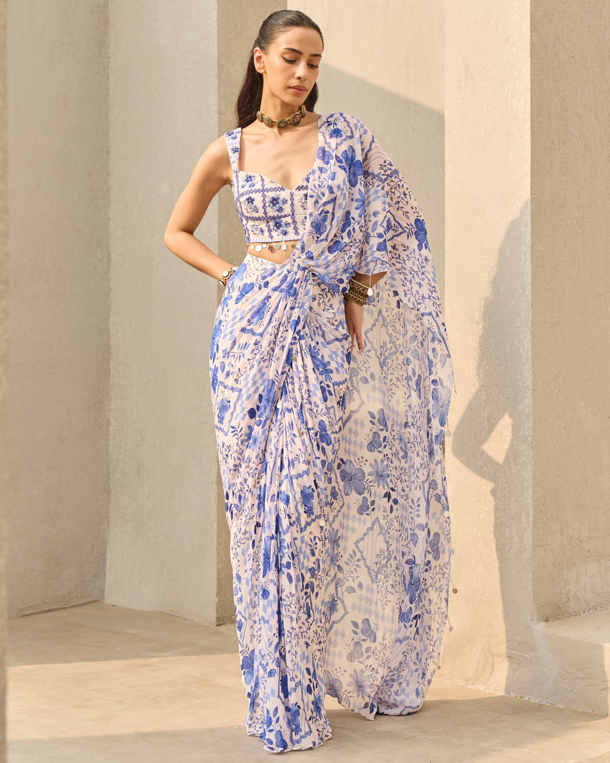 Ivory & Blue Abstract Floral Printed Sari Set