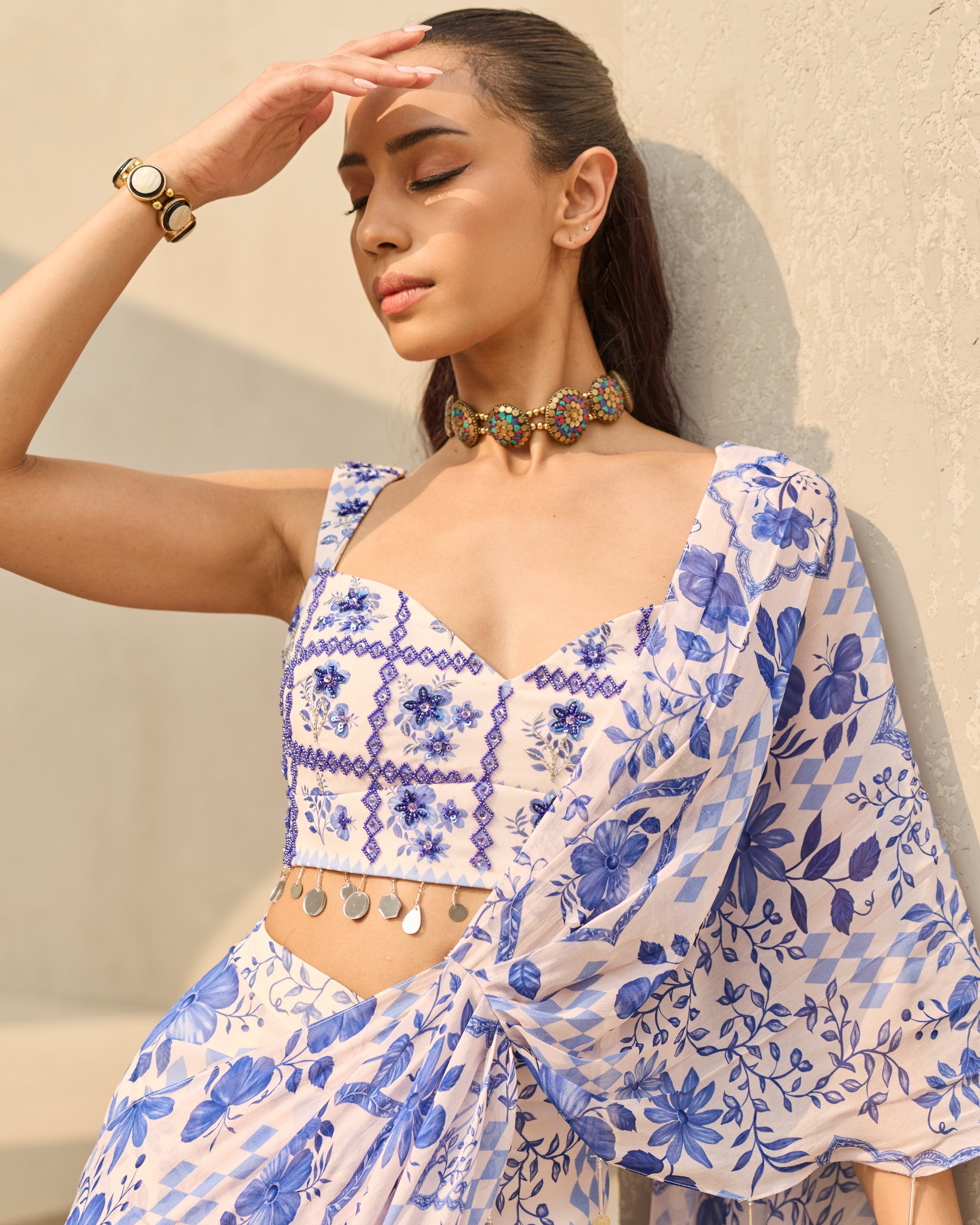 Ivory & Blue Abstract Floral Printed Sari Set