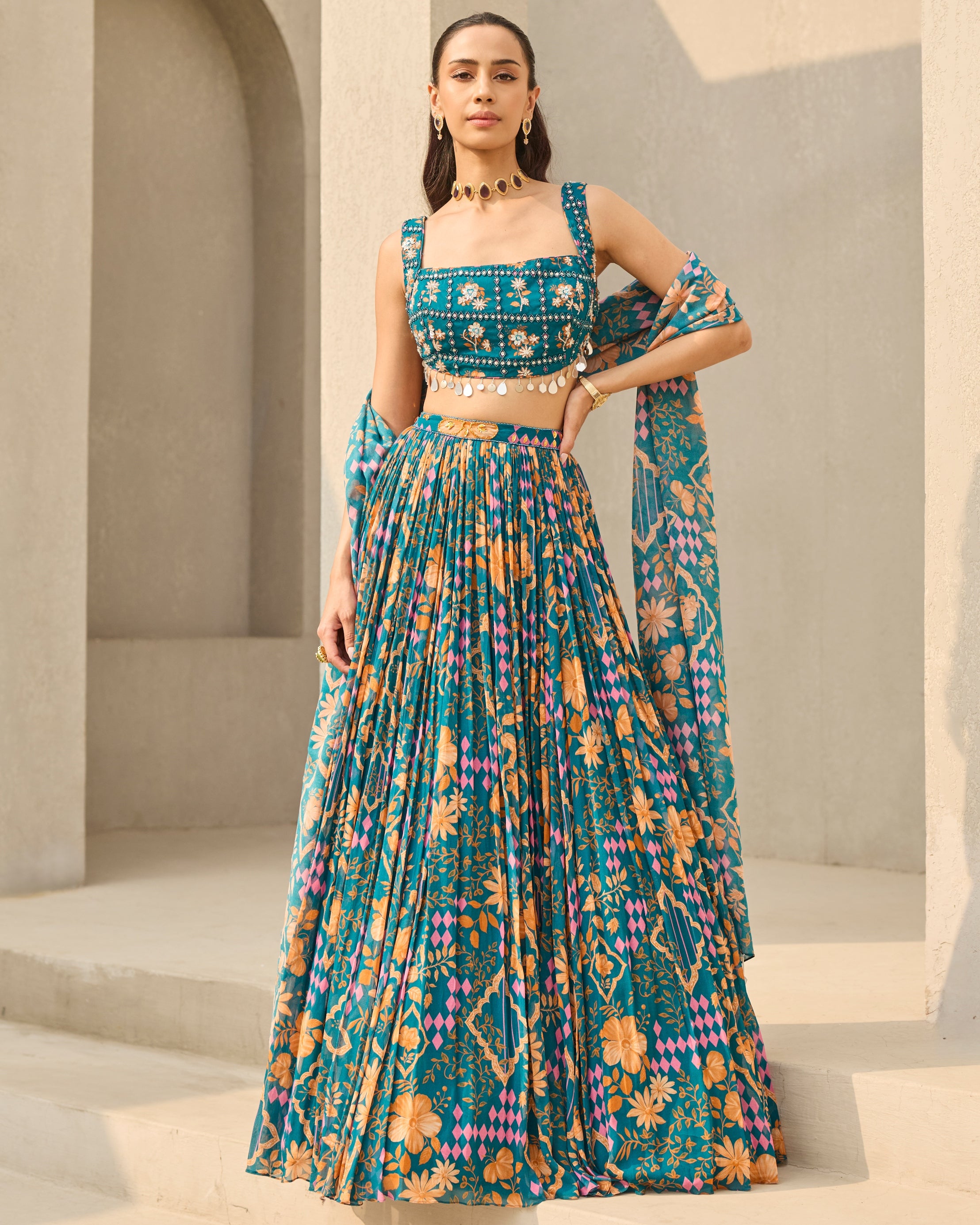 Teal Abstract Floral Printed Lehenga Set