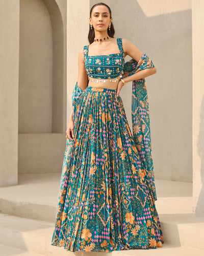 Teal Abstract Floral Printed Lehenga Set
