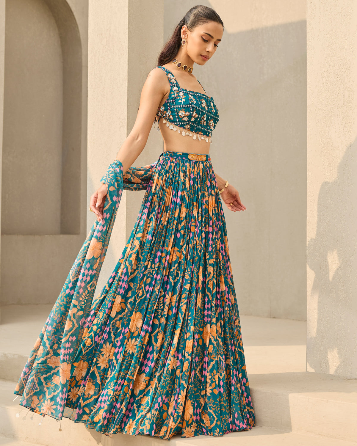 Teal Abstract Floral Printed Lehenga Set