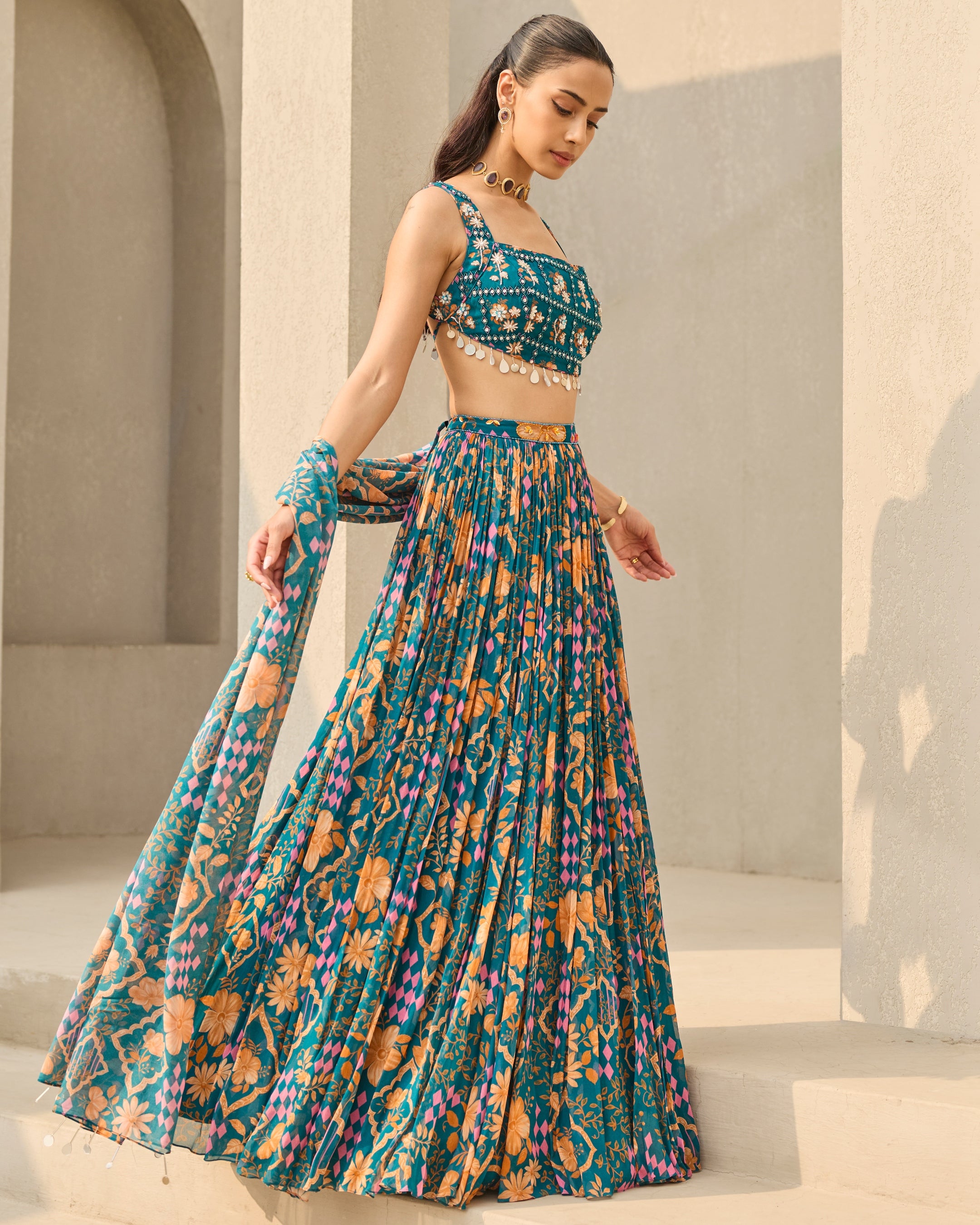 Teal Abstract Floral Printed Lehenga Set
