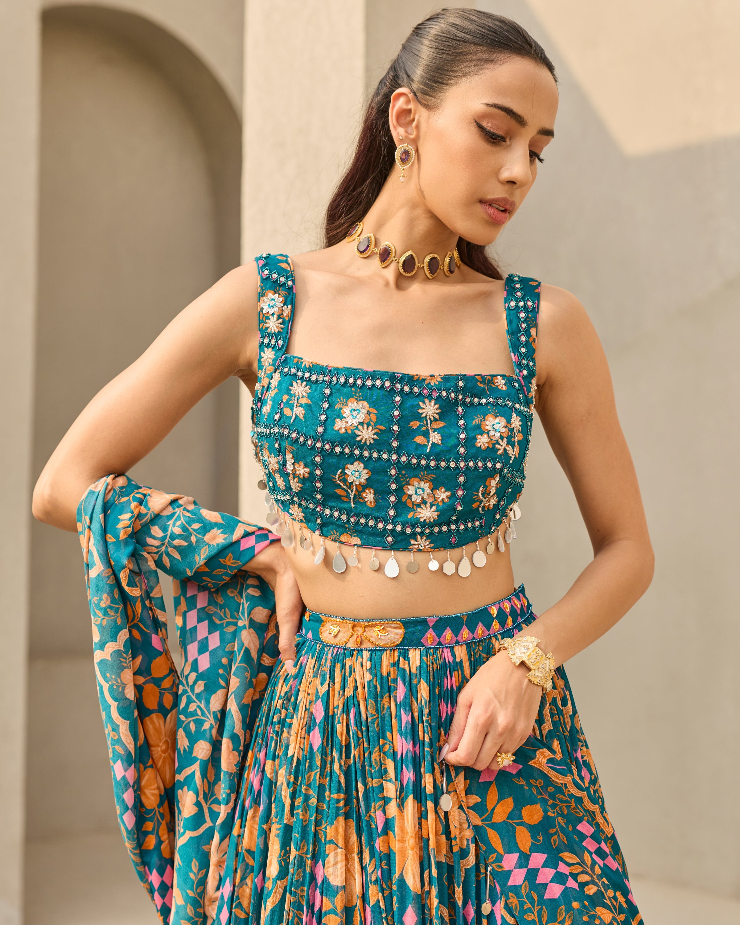 Teal Abstract Floral Printed Lehenga Set