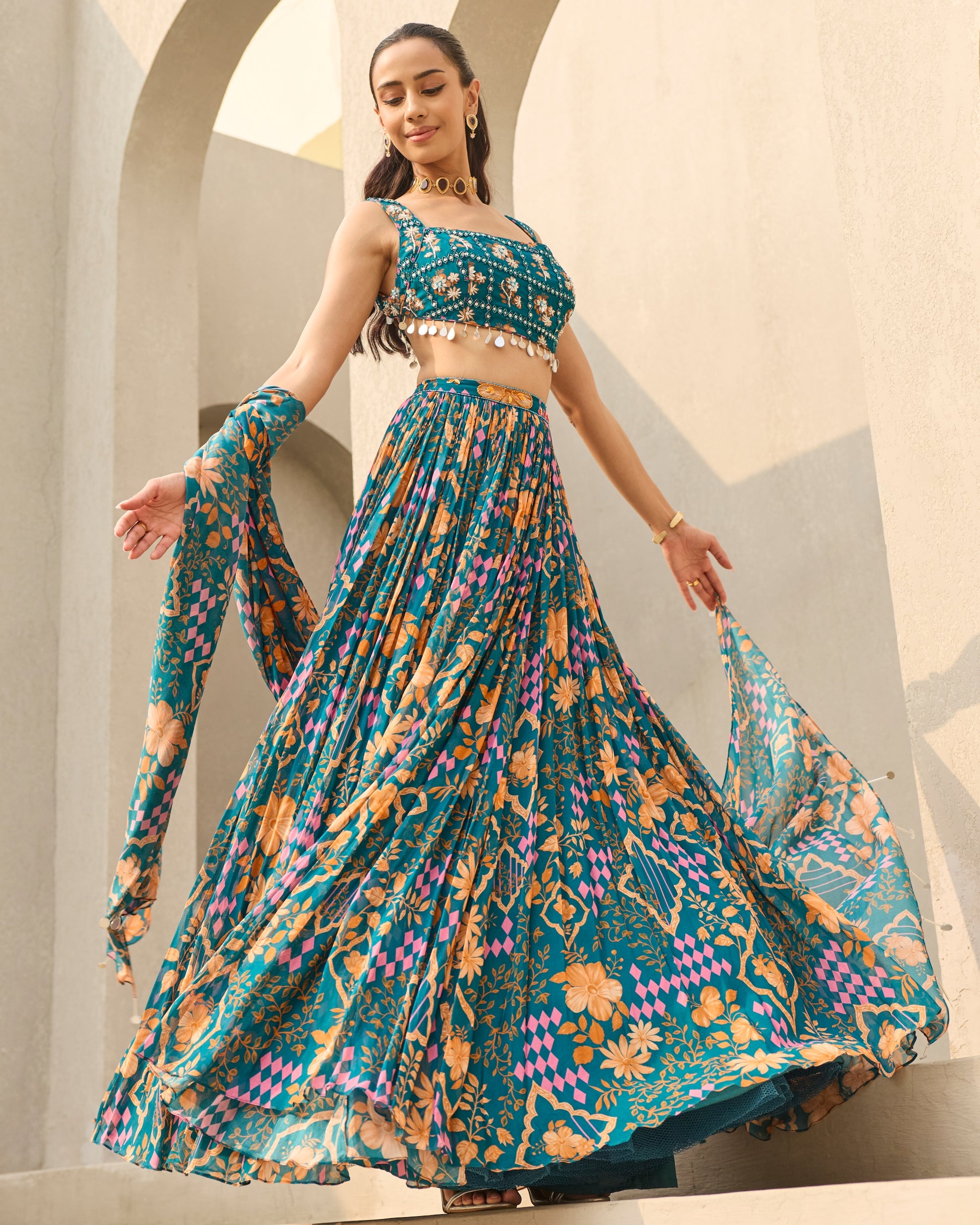 Teal Abstract Floral Printed Lehenga Set