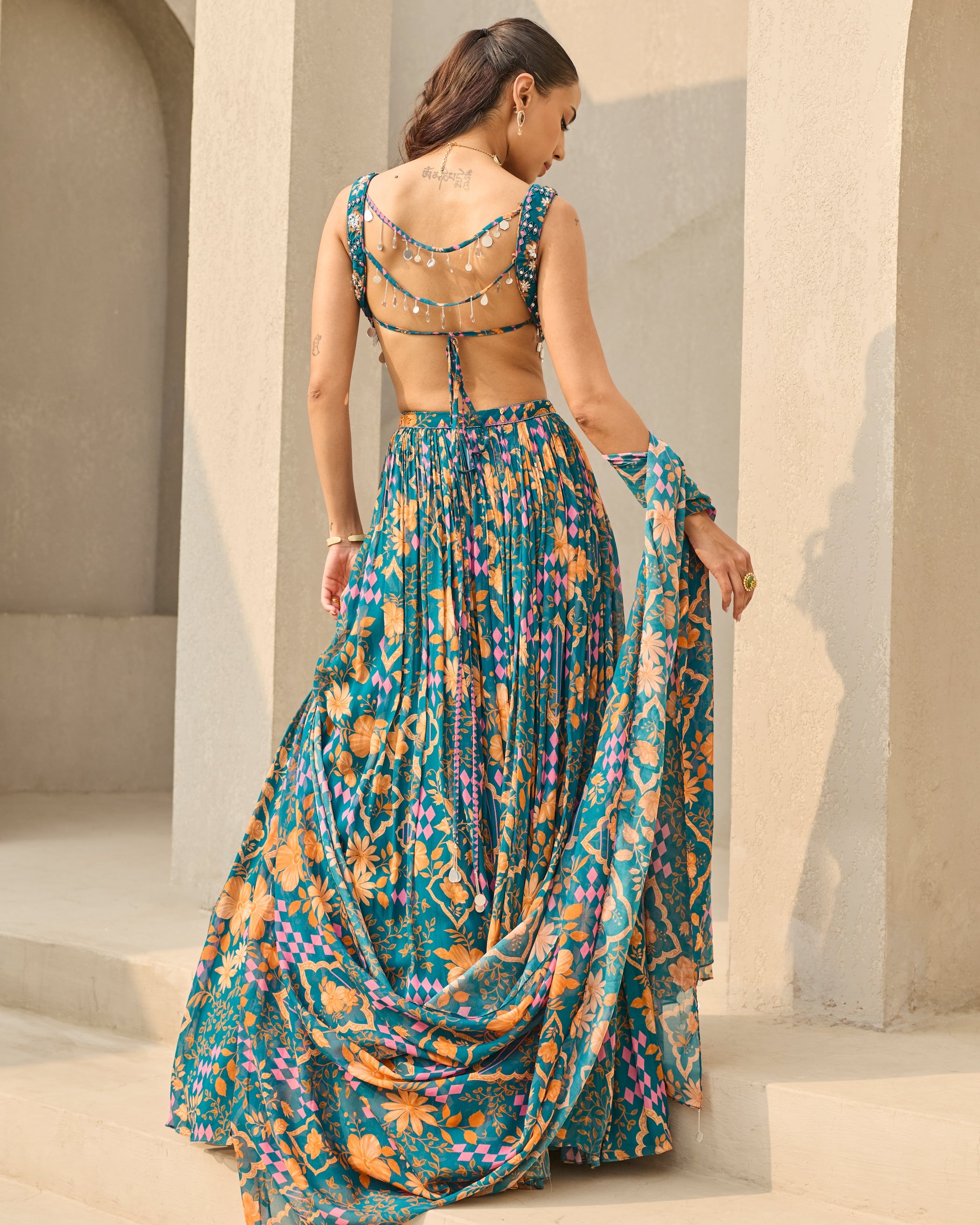 Teal Abstract Floral Printed Lehenga Set