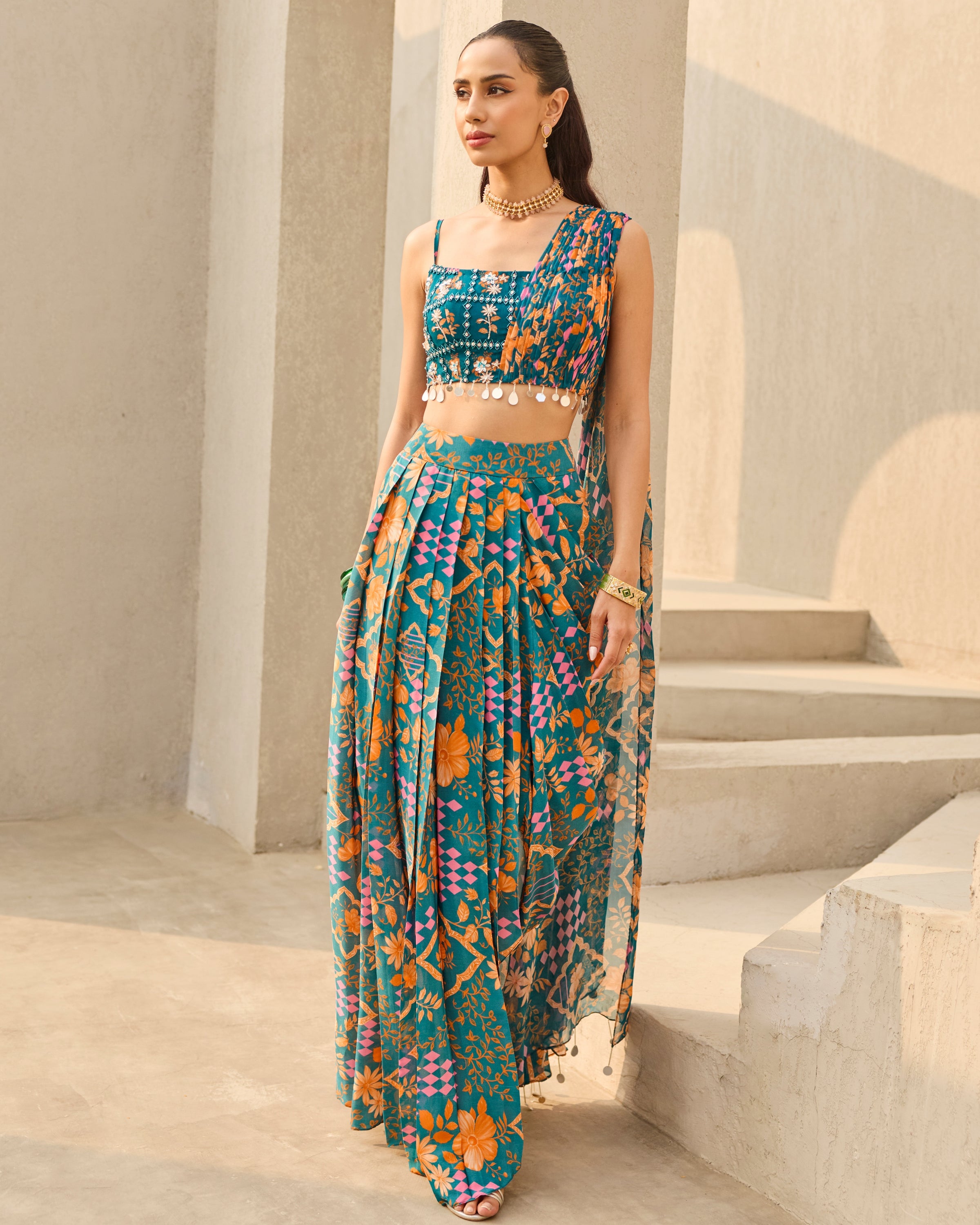 Teal Abstract Floral Printed Crop Top & Skirt Set