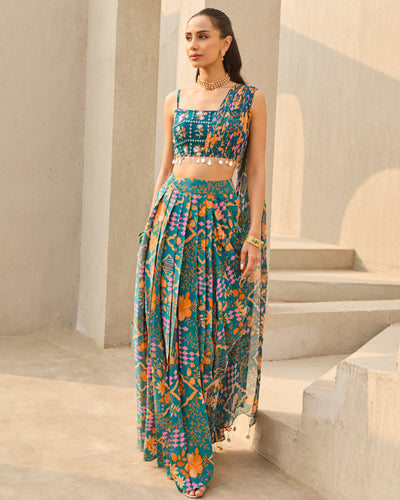 Teal Abstract Floral Printed Crop Top & Skirt Set