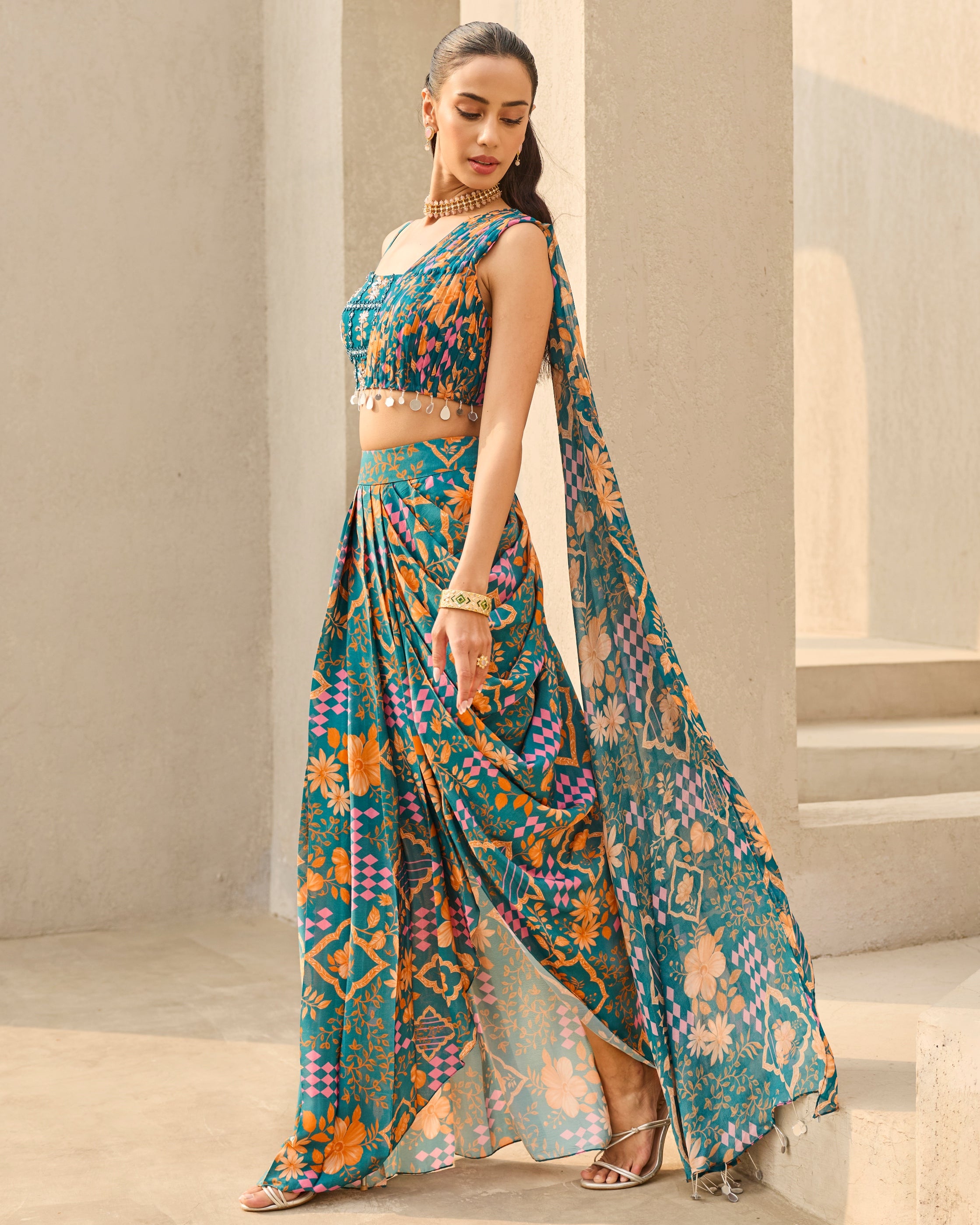 Teal Abstract Floral Printed Crop Top & Skirt Set