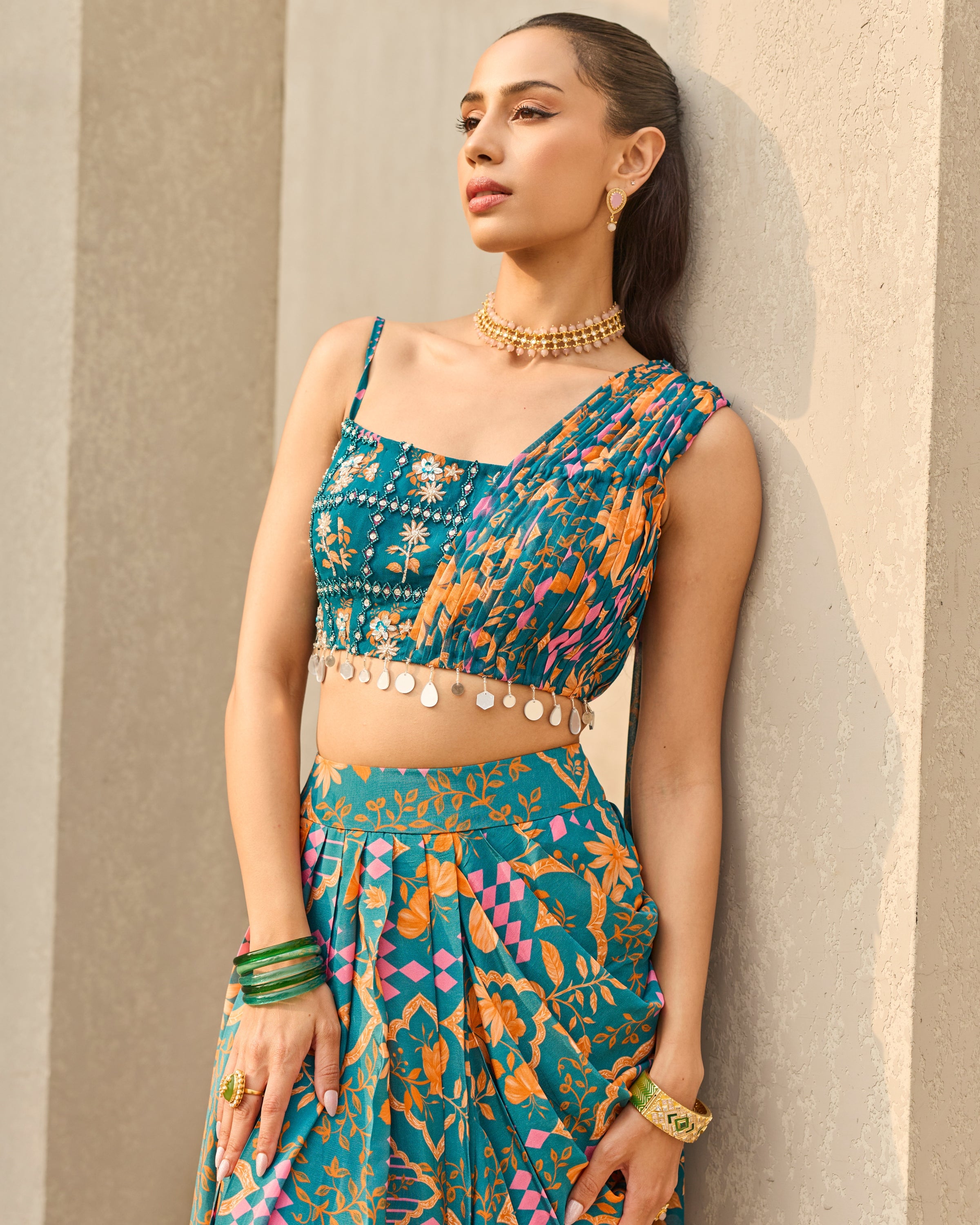 Teal Abstract Floral Printed Crop Top & Skirt Set