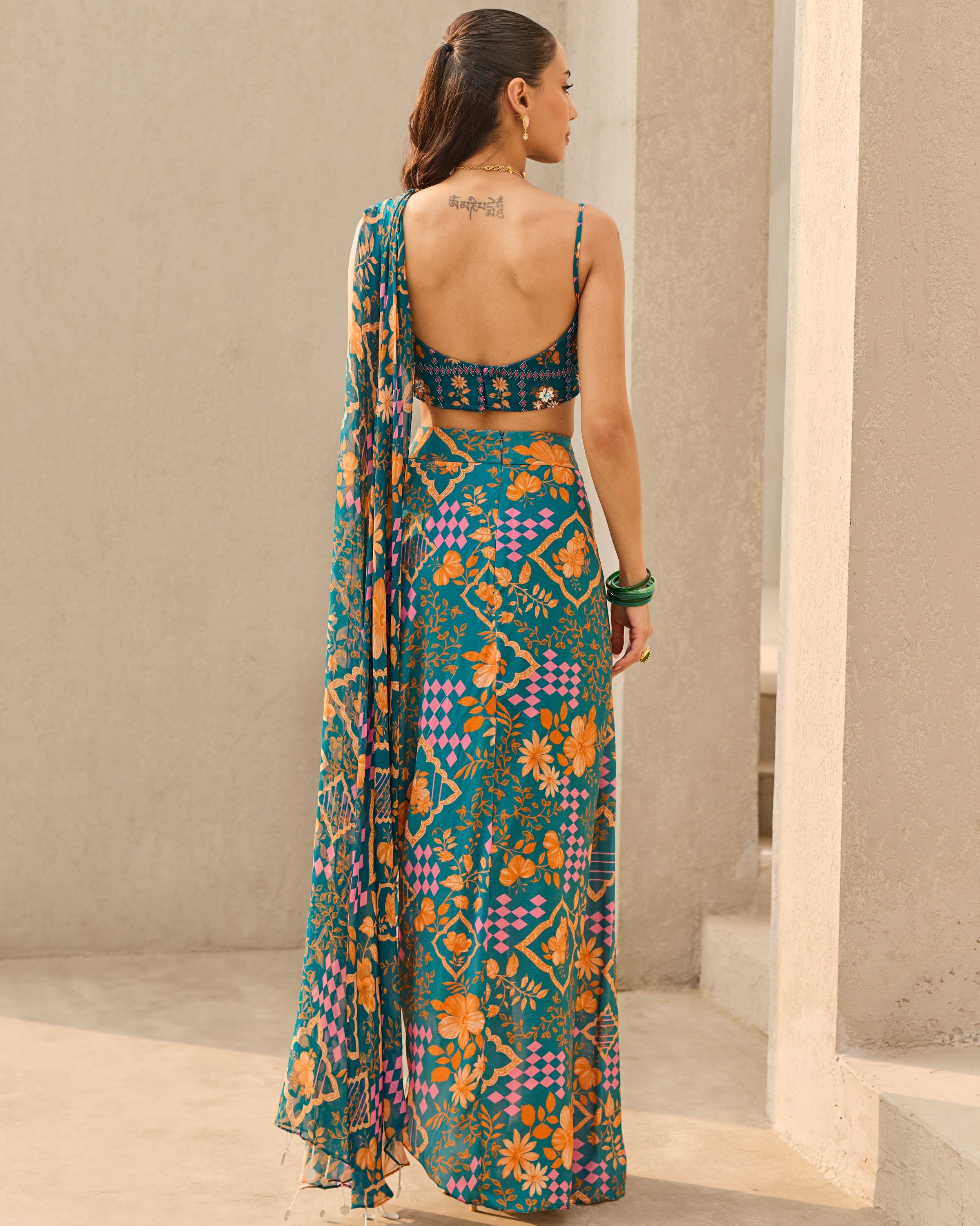 Teal Abstract Floral Printed Crop Top & Skirt Set