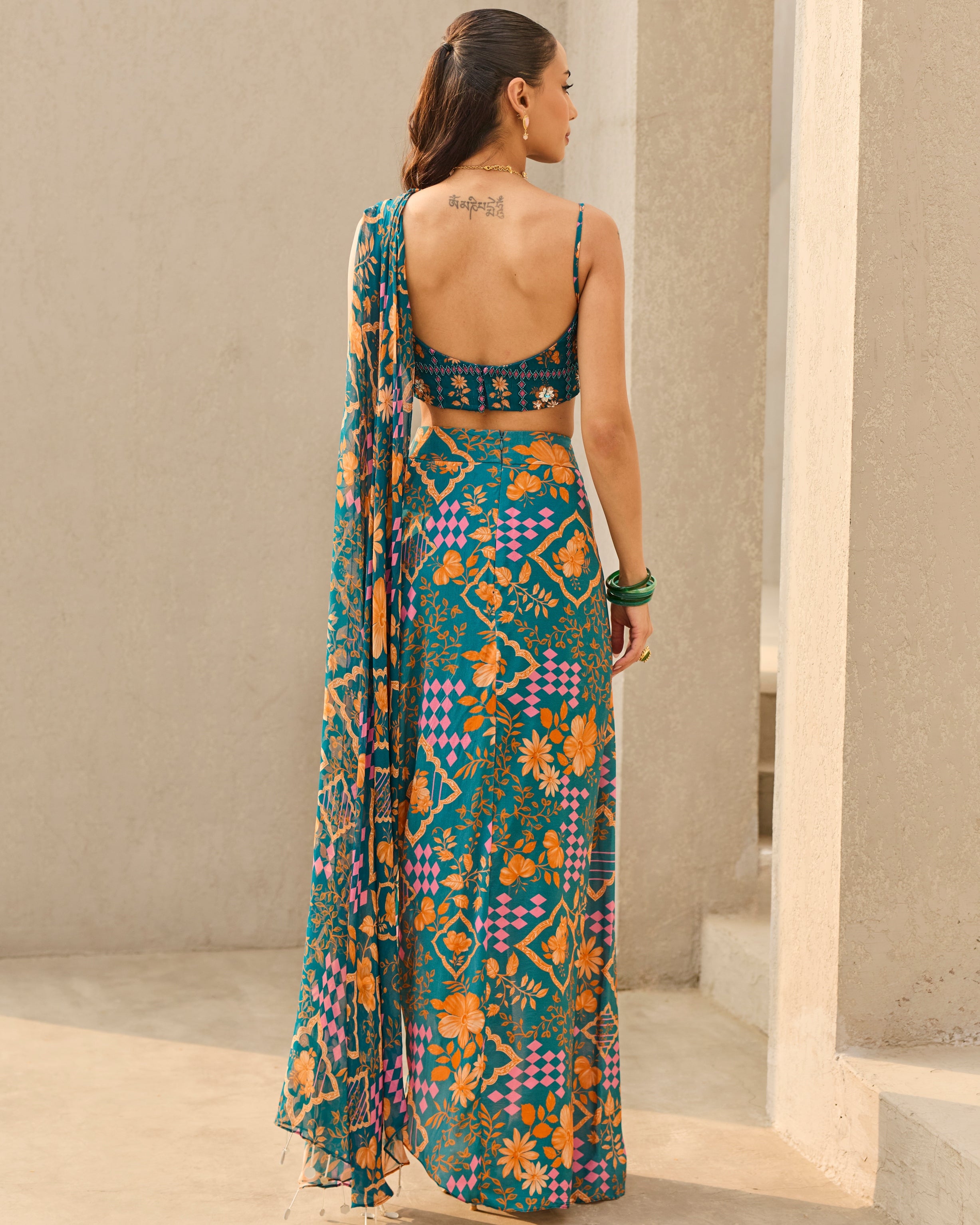 Teal Abstract Floral Printed Crop Top & Skirt Set