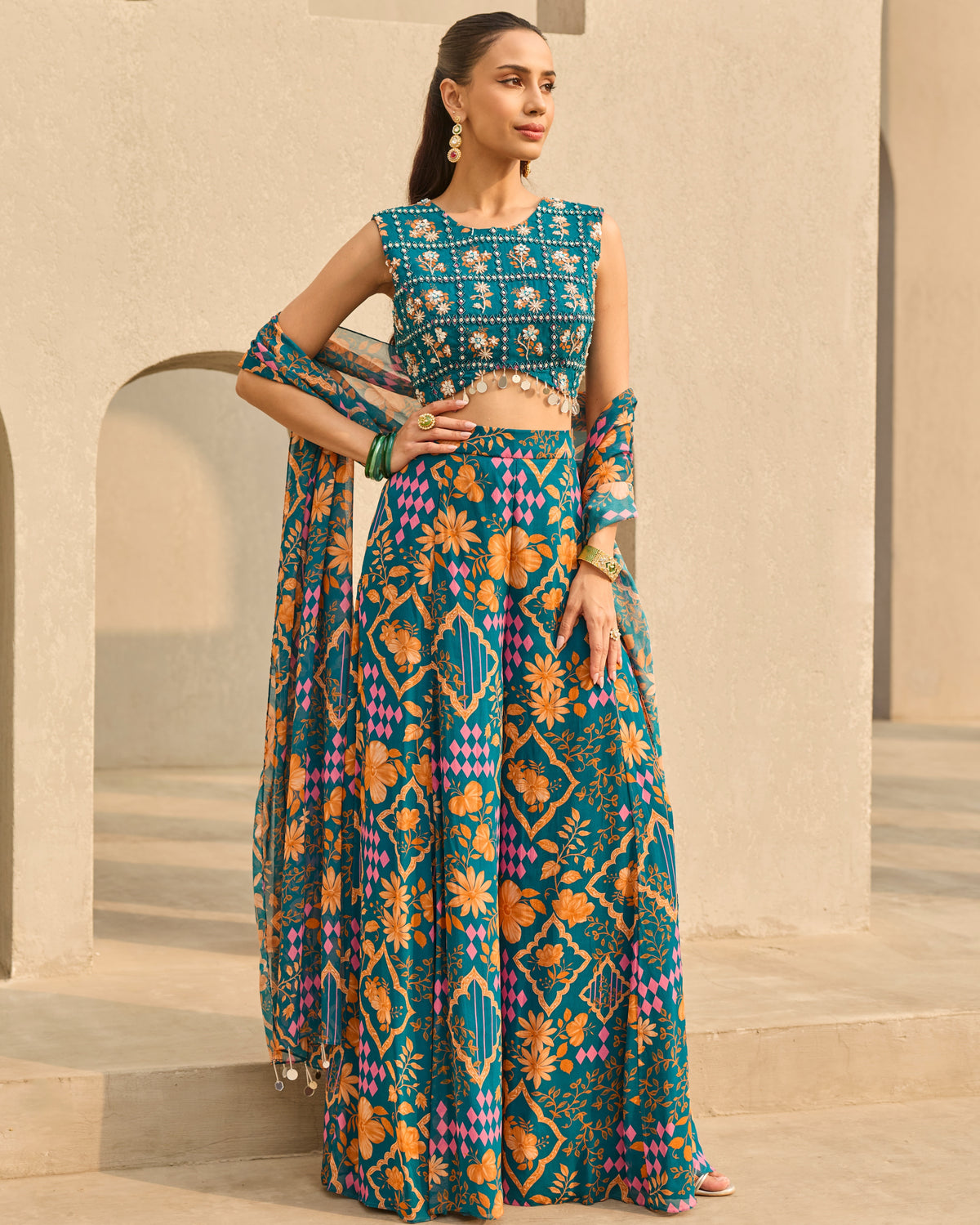 Teal Abstract Floral Printed Sharara Set