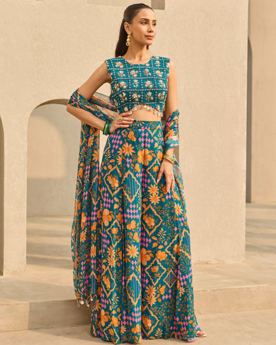 Teal Abstract Floral Printed Sharara Set