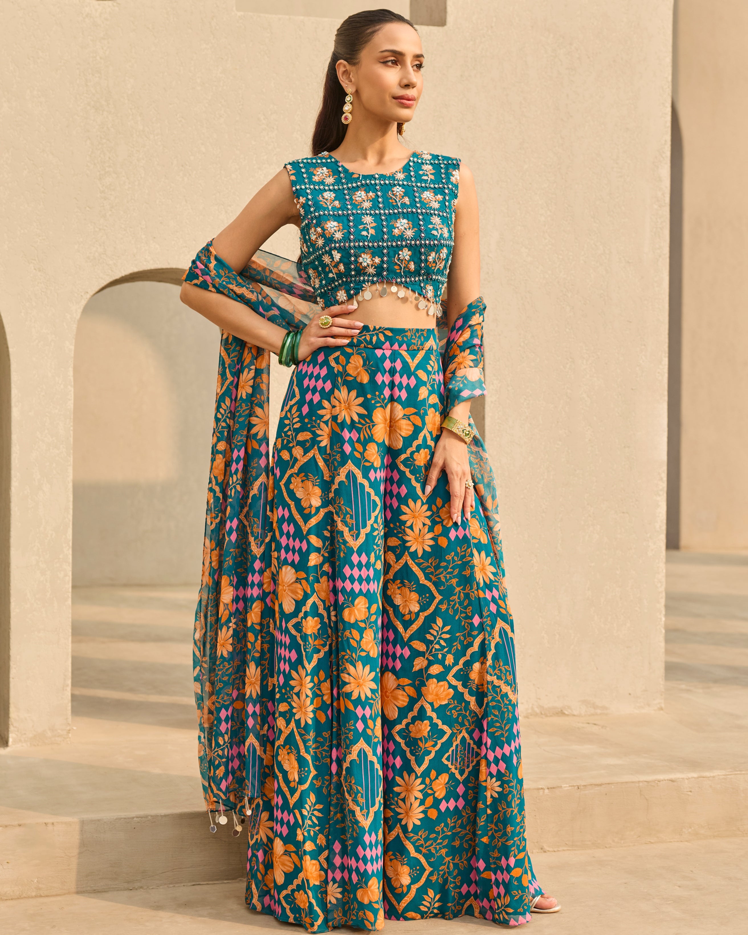 Teal Abstract Floral Printed Sharara Set