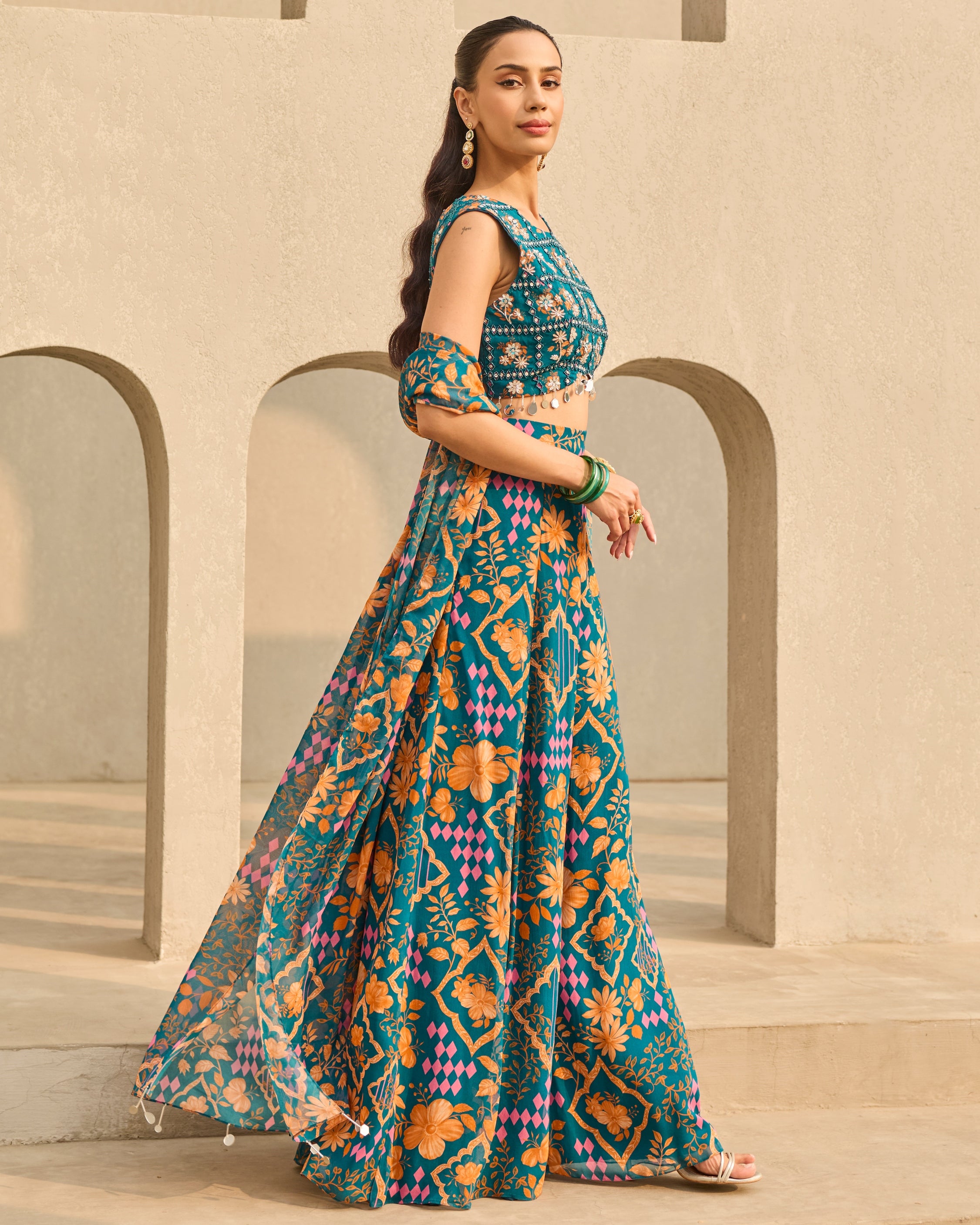 Teal Abstract Floral Printed Sharara Set