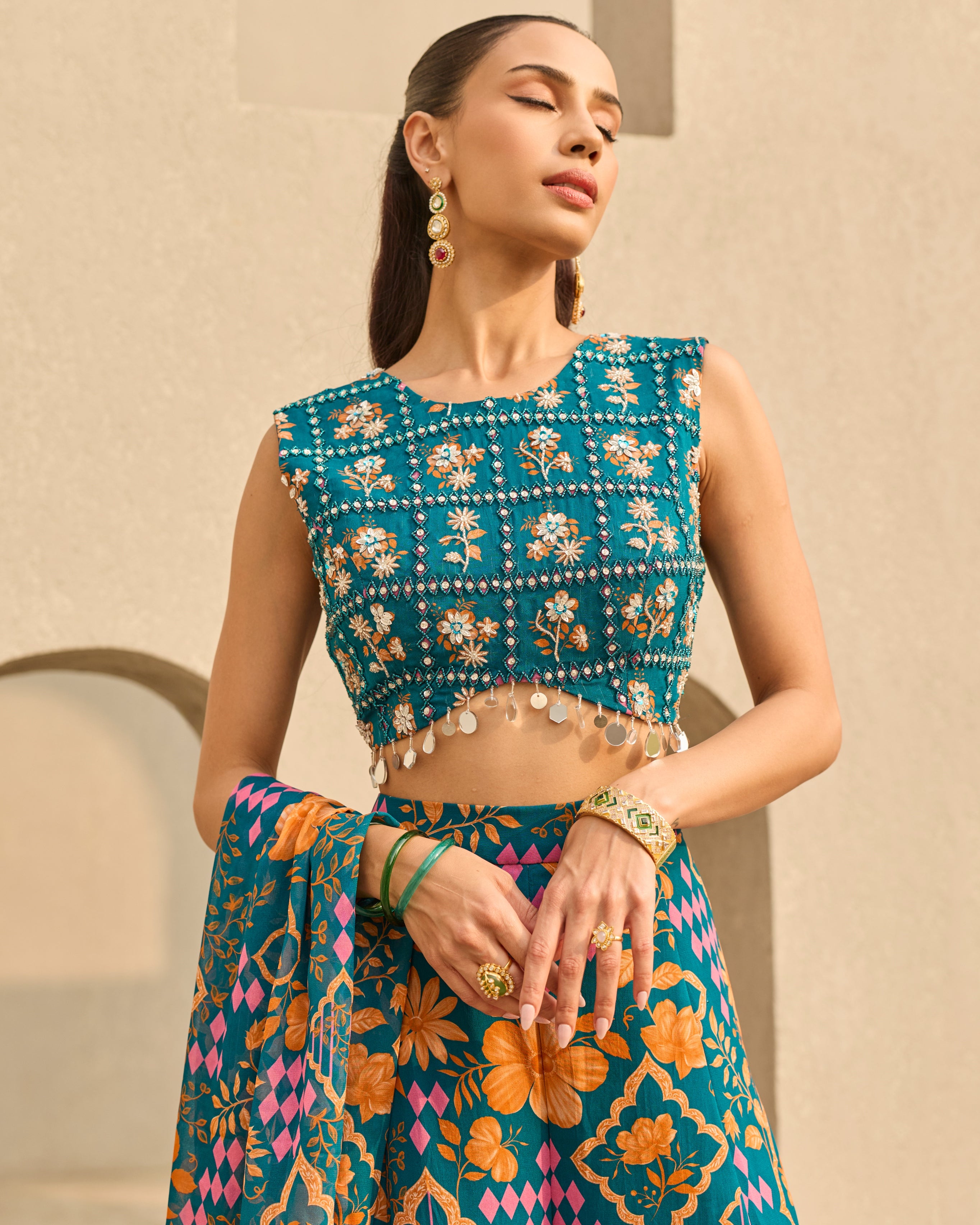 Teal Abstract Floral Printed Sharara Set