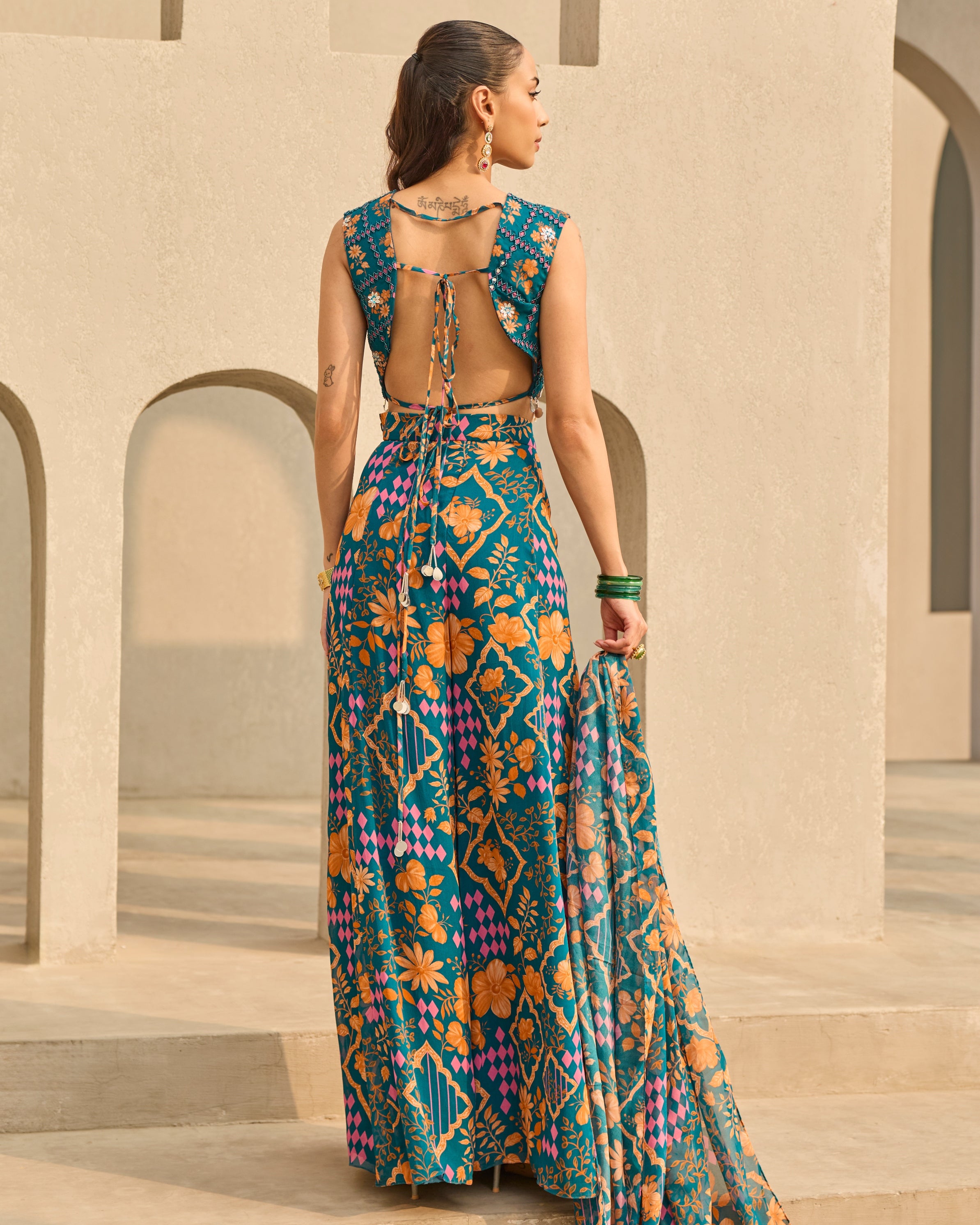 Teal Abstract Floral Printed Sharara Set