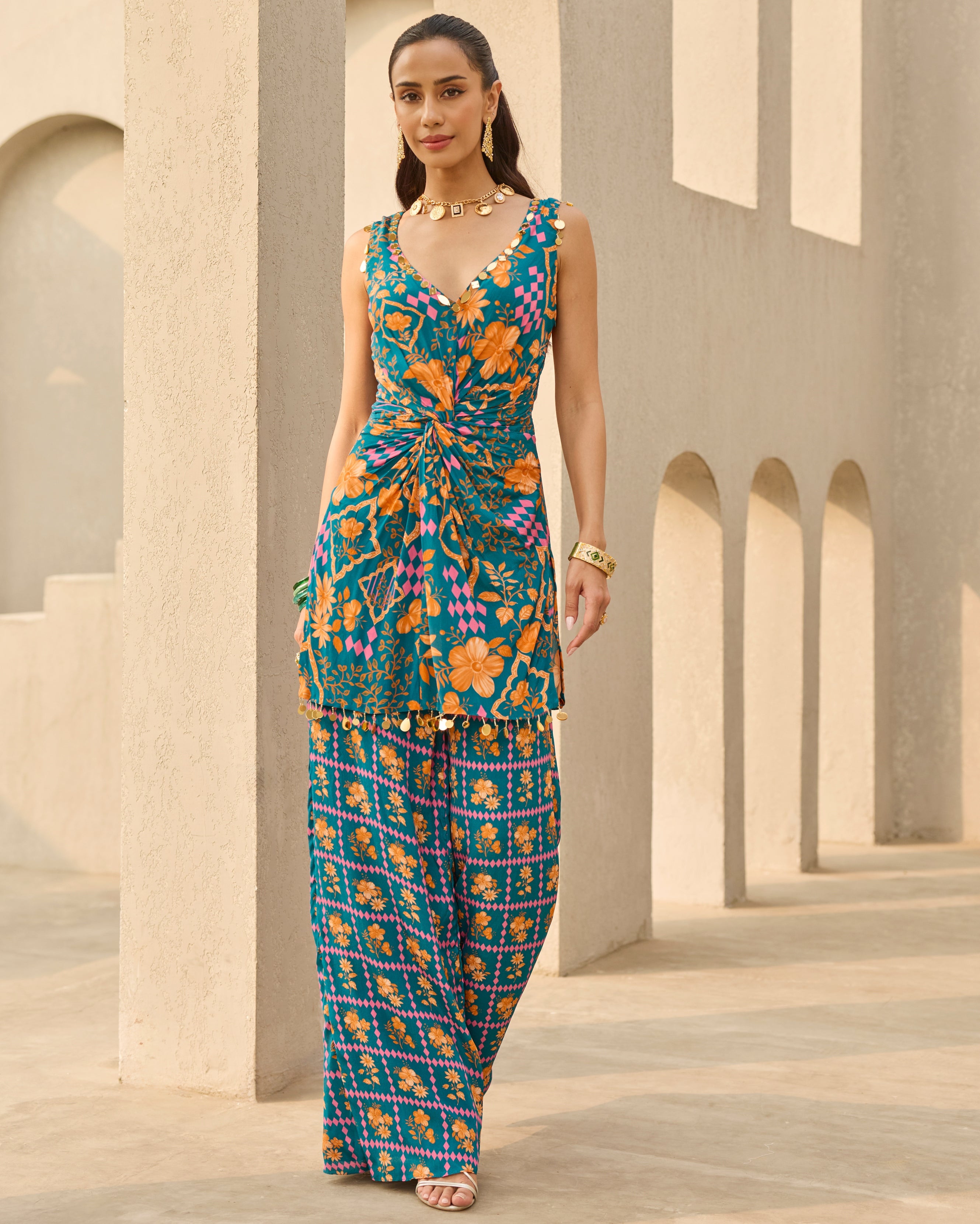 Teal Abstract Floral Printed Kurti Set