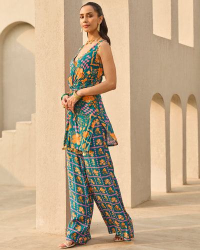 Teal Abstract Floral Printed Kurti Set