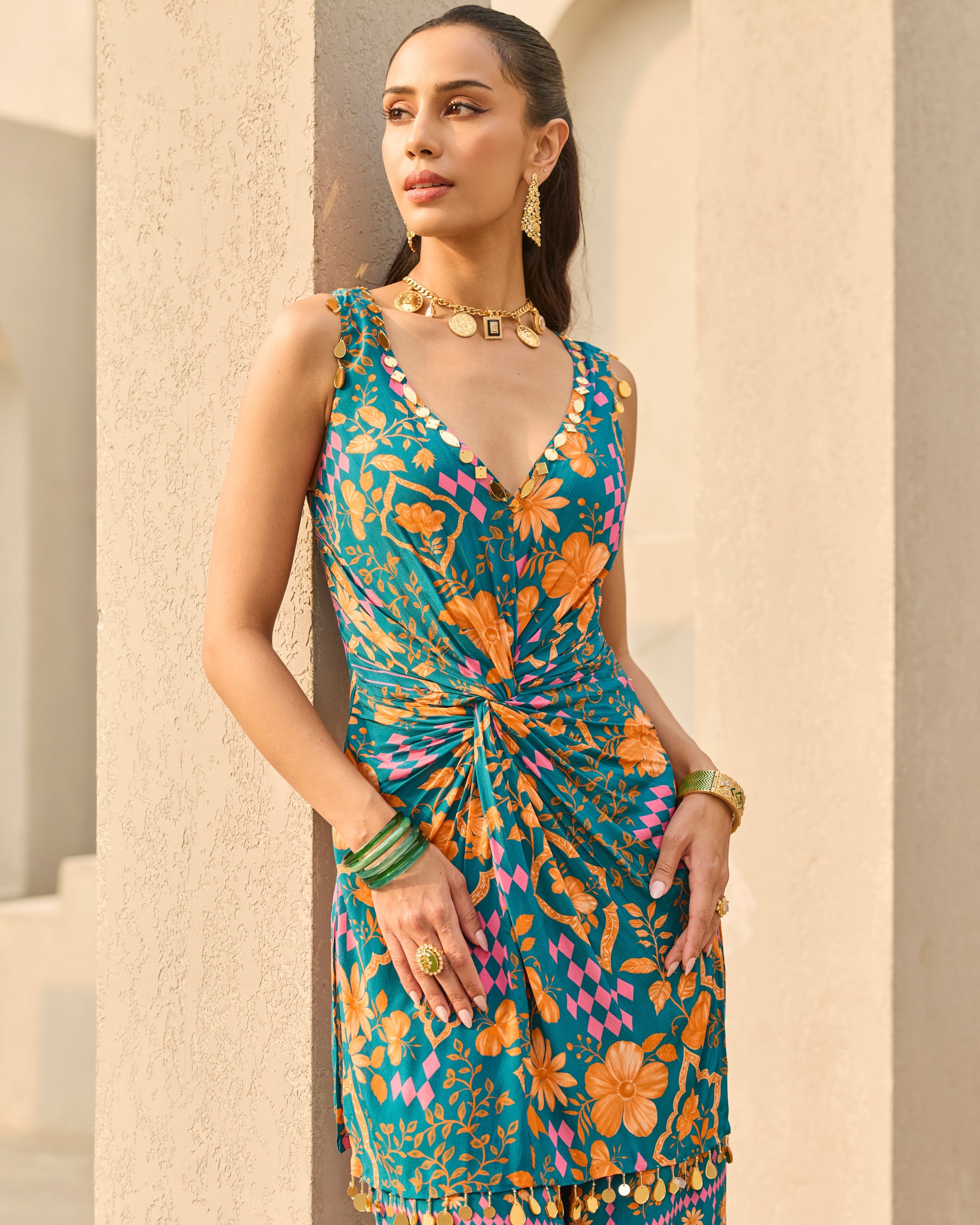 Teal Abstract Floral Printed Kurti Set