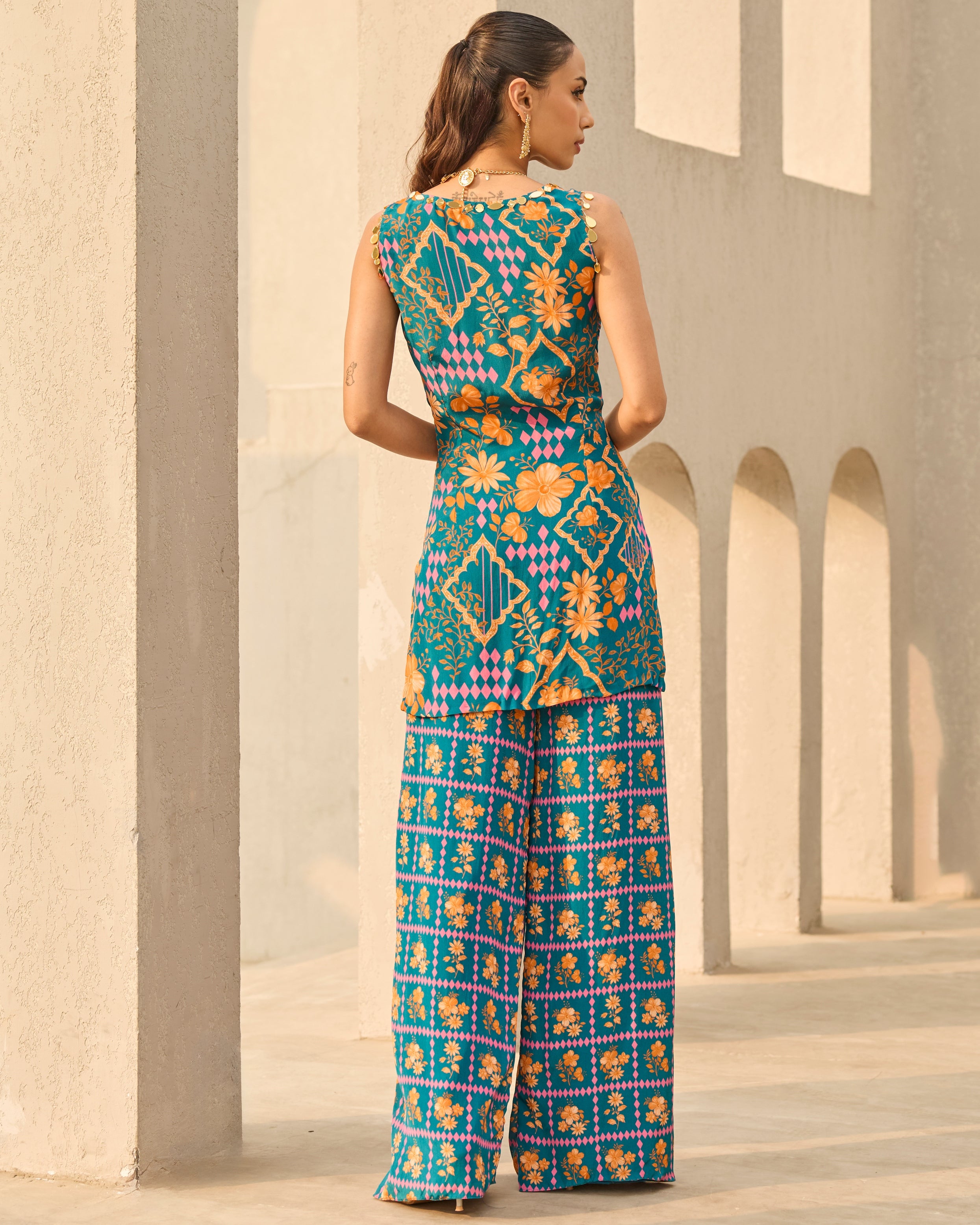 Teal Abstract Floral Printed Kurti Set