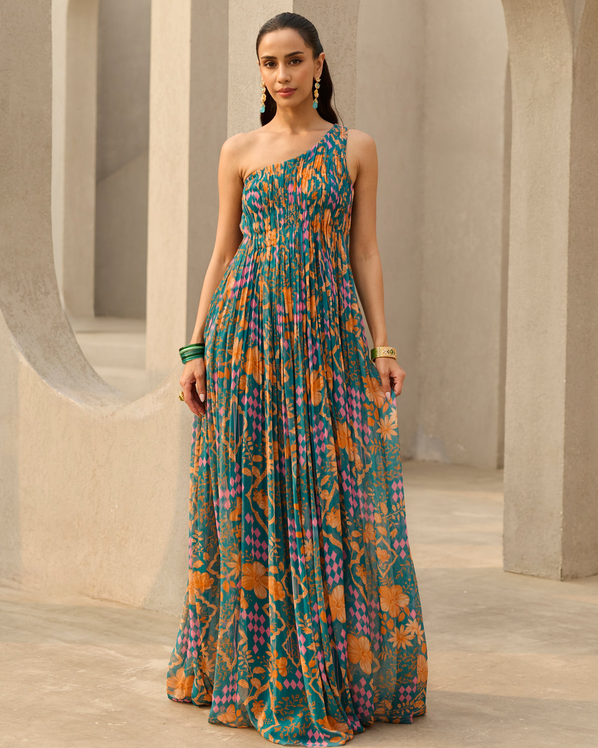 Teal Abstract Floral Printed Dress