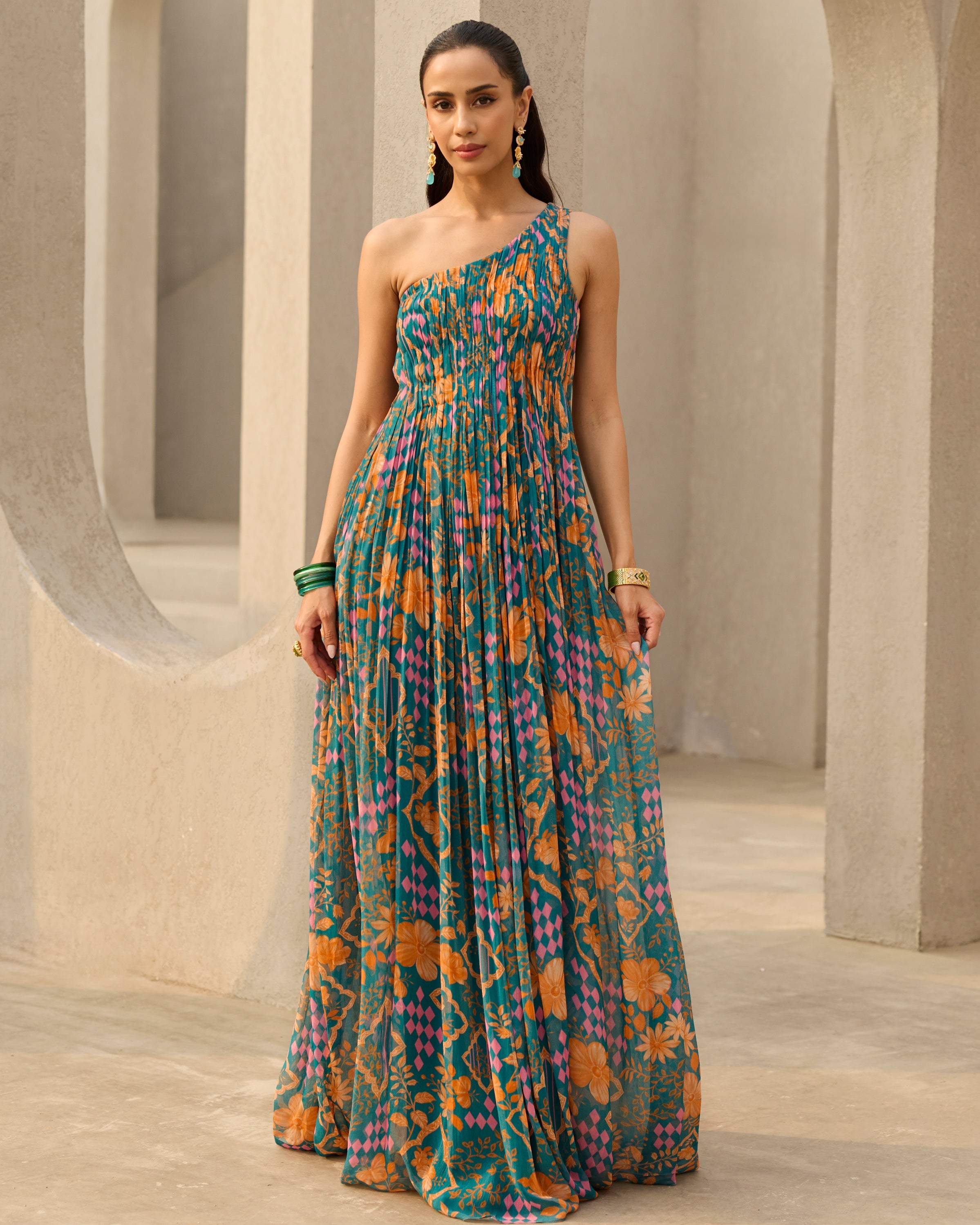 Teal Abstract Floral Printed Dress