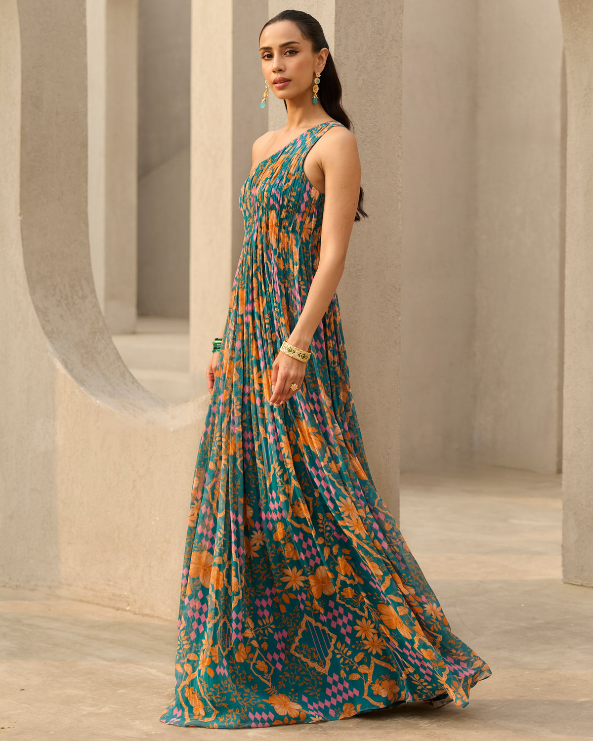 Teal Abstract Floral Printed Dress