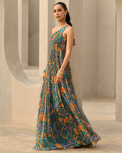 Teal Abstract Floral Printed Dress