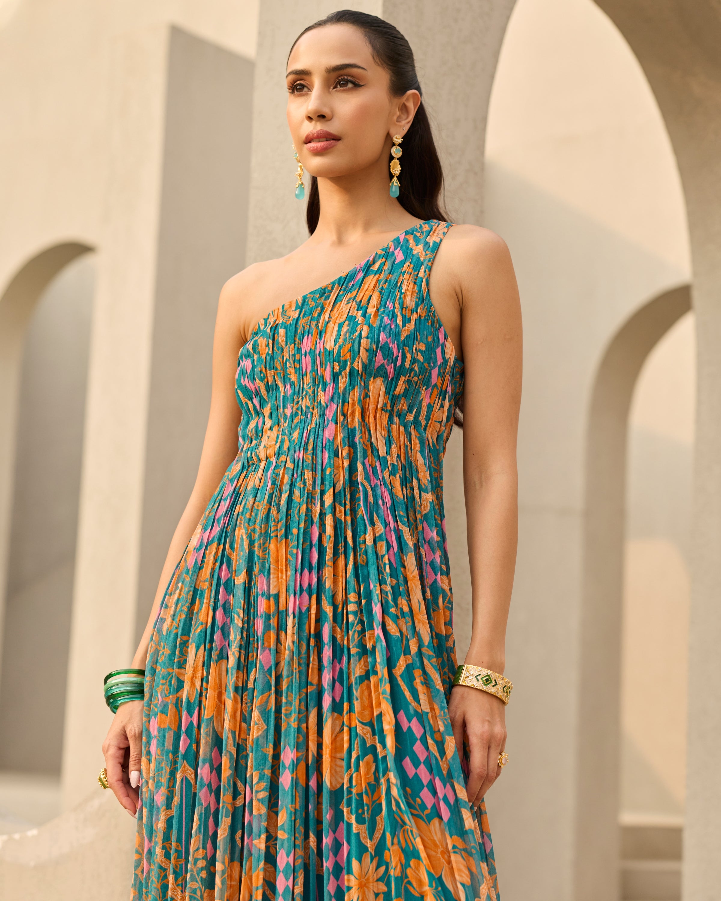 Teal Abstract Floral Printed Dress