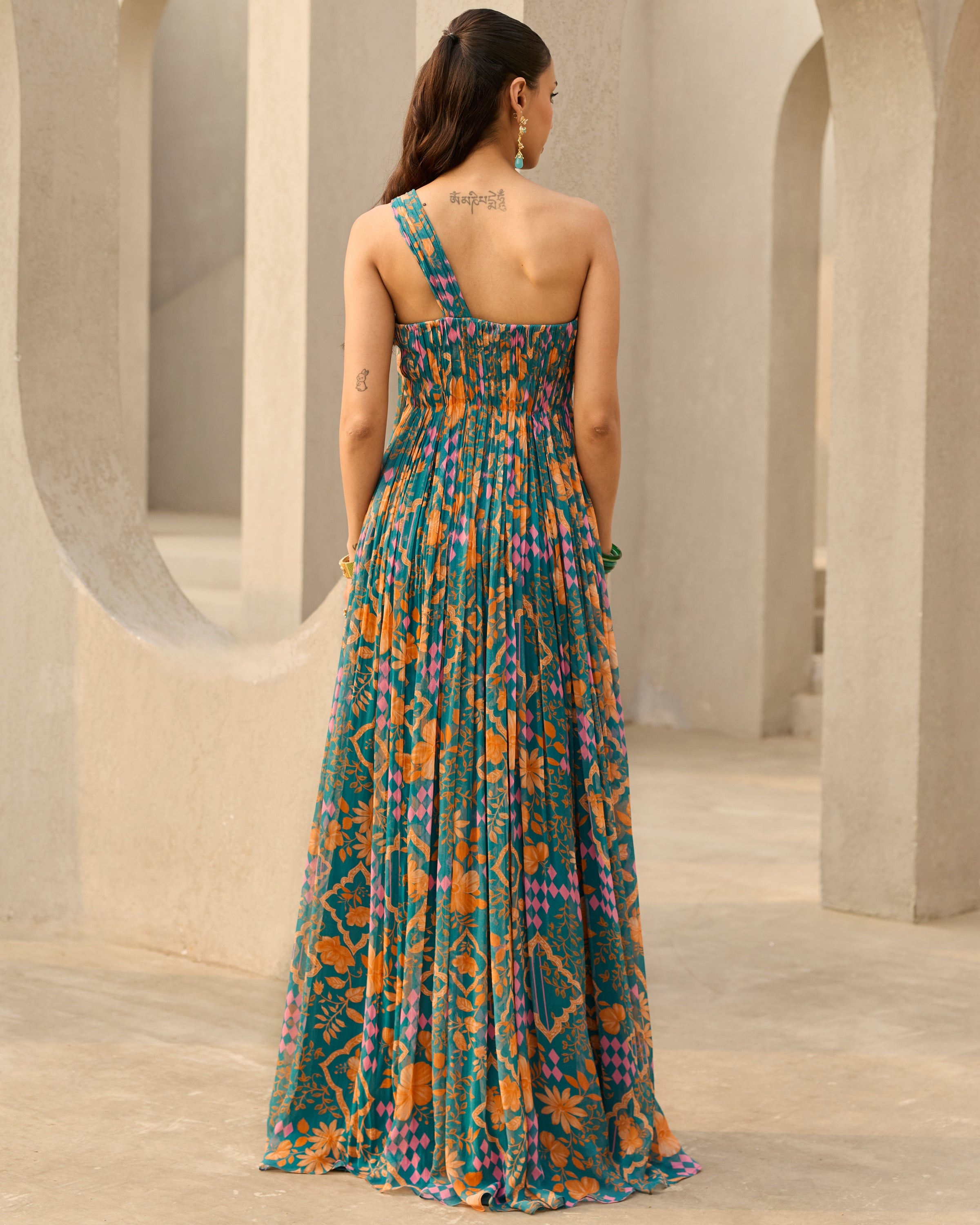 Teal Abstract Floral Printed Dress