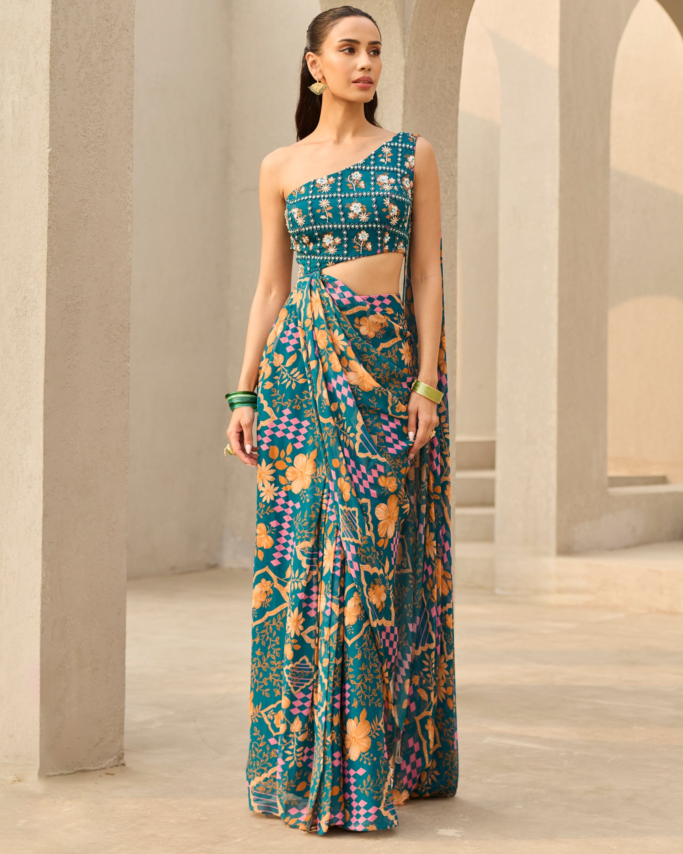 Teal Abstract Floral Printed Saree Set