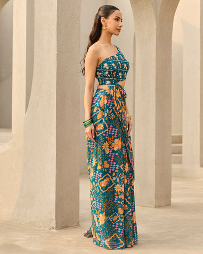 Teal Abstract Floral Printed Saree Set