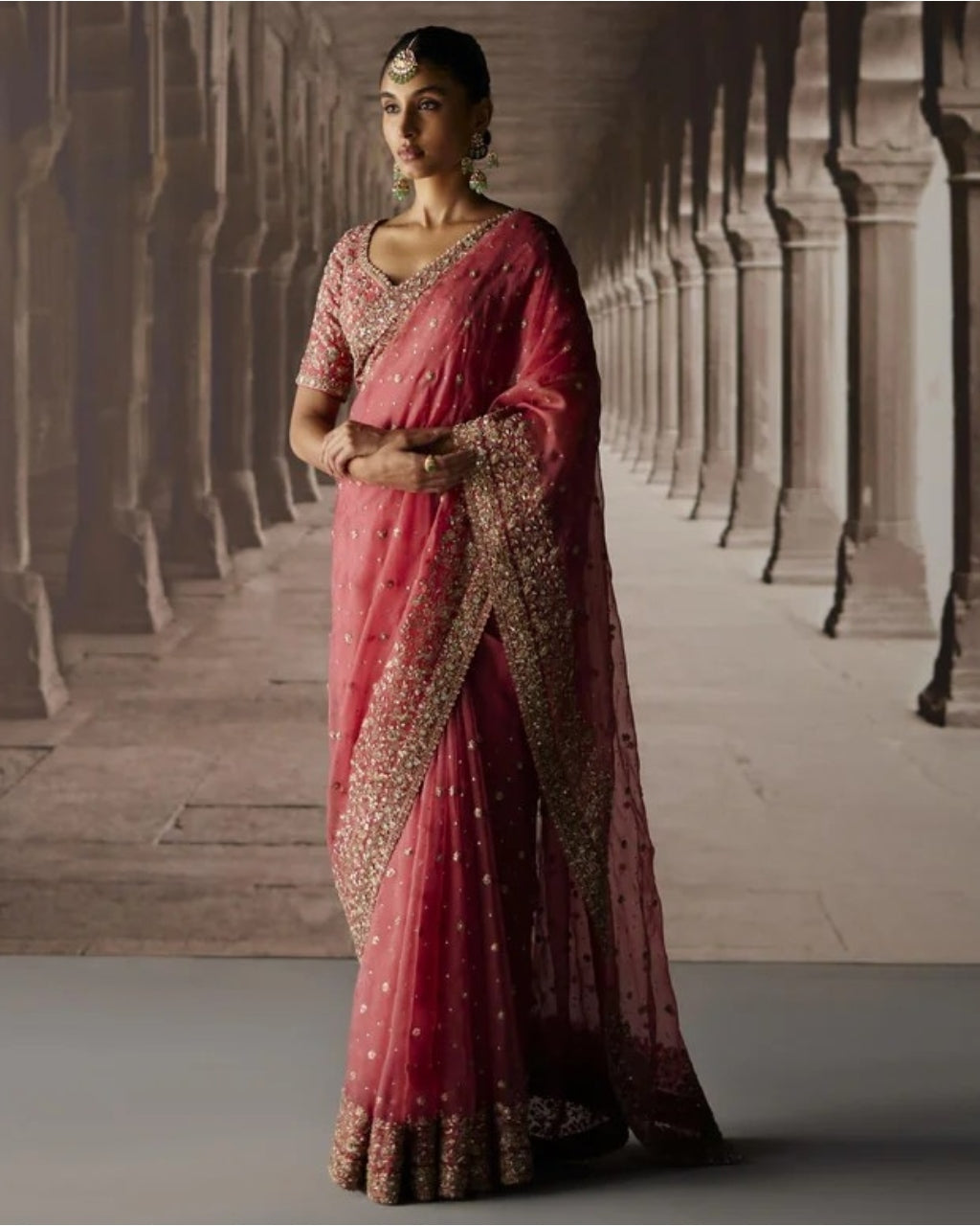 Red Sari With Jaal Blouse