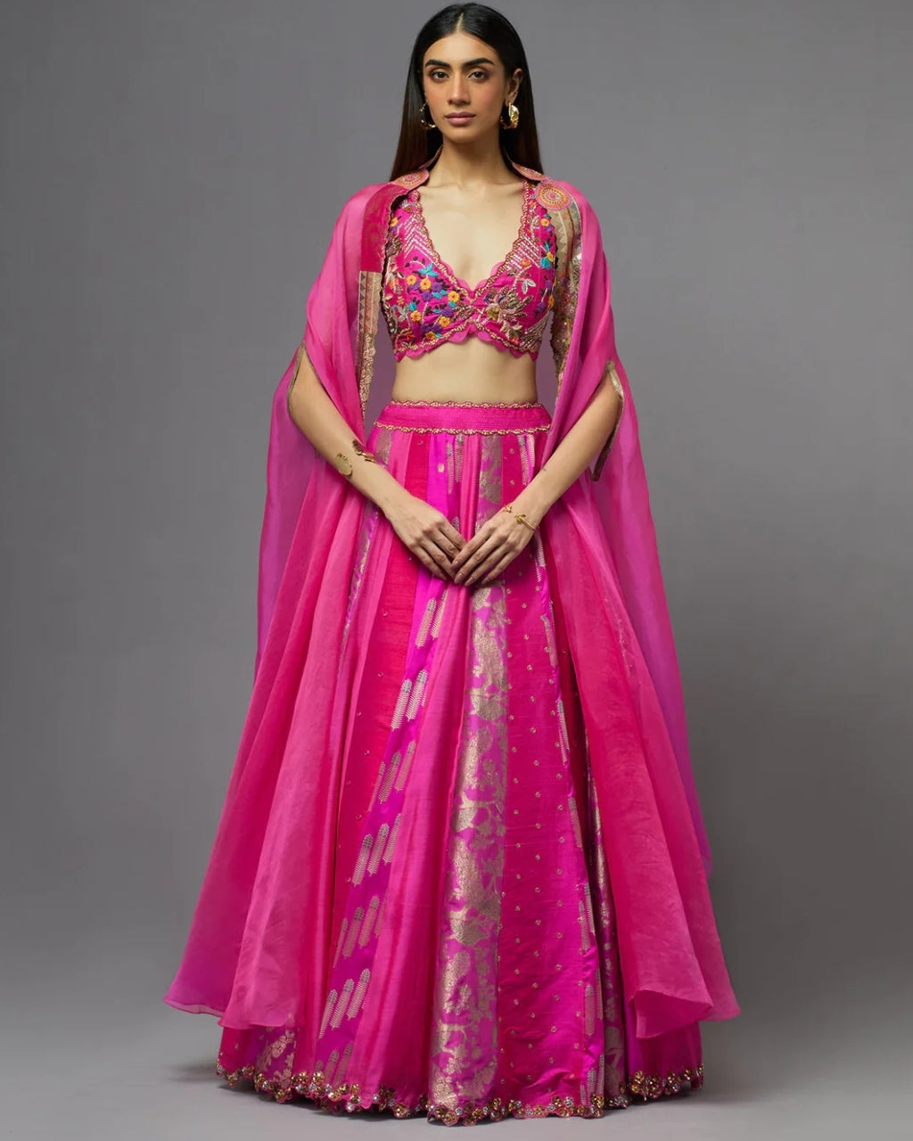 Hot Pink Embroidered Blouse & Cape Set