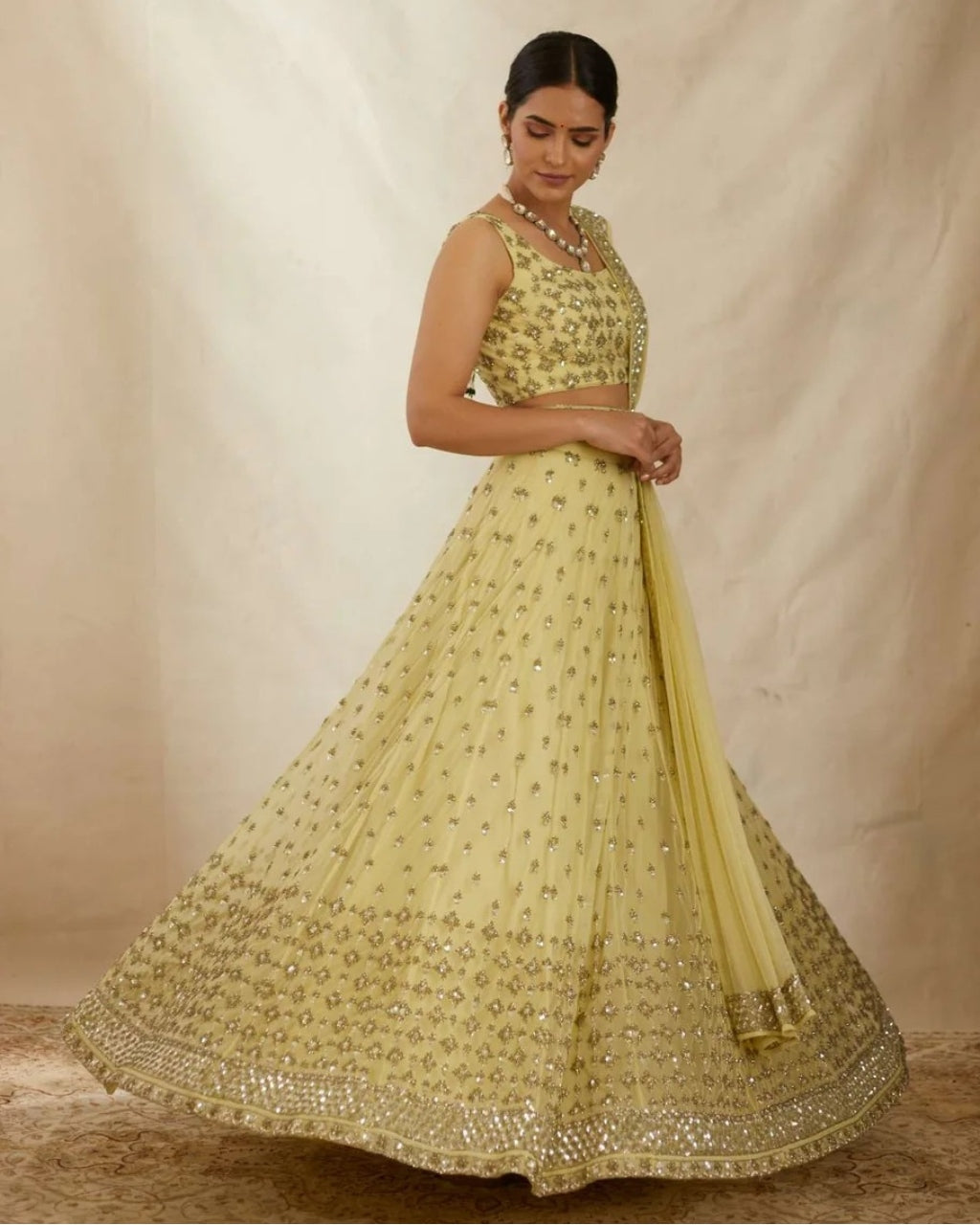 Yellow Net Embroidered Lehenga Set