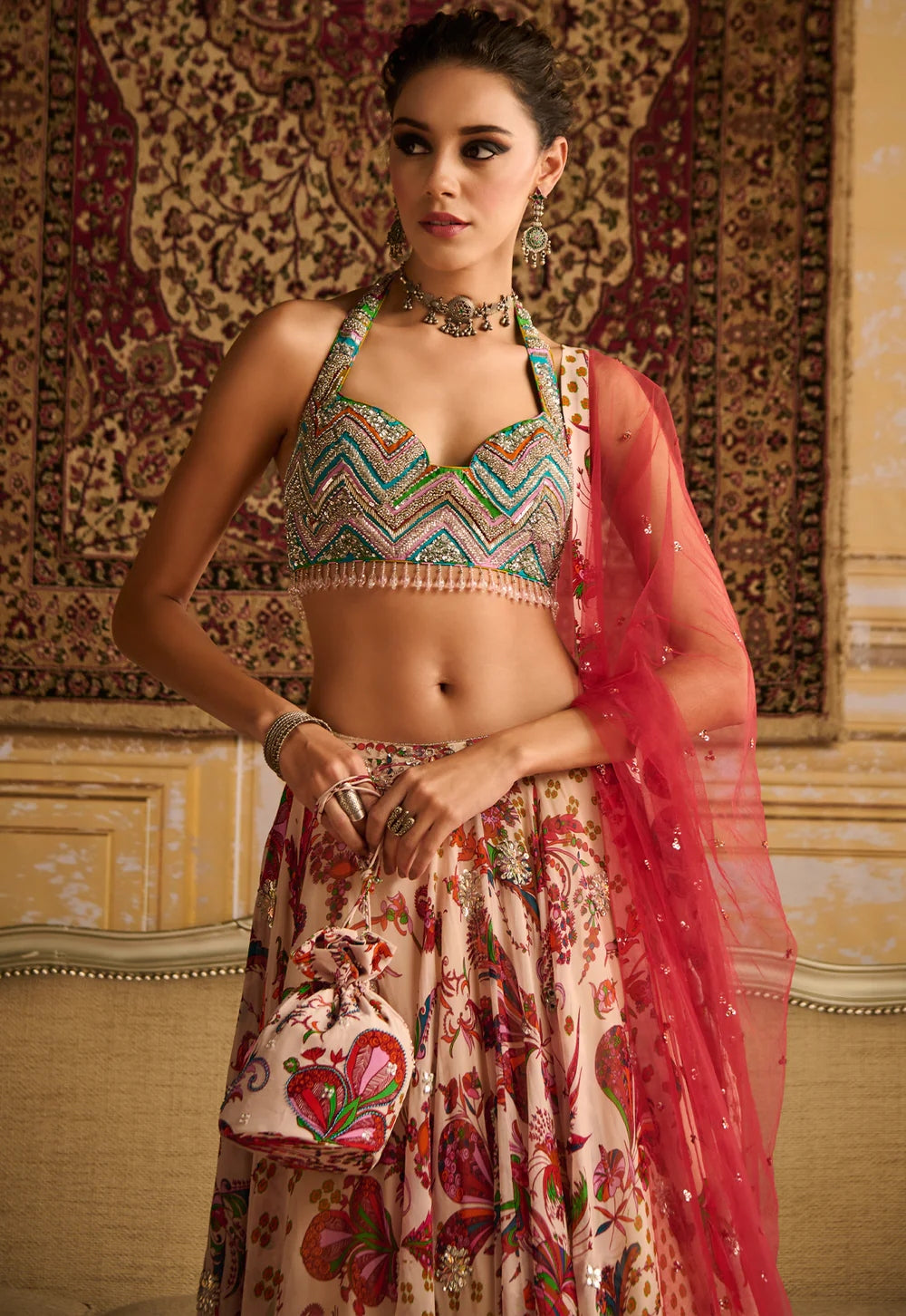 Red Zig-Zag Butta Print Embroidered Blouse And Lehenga Set