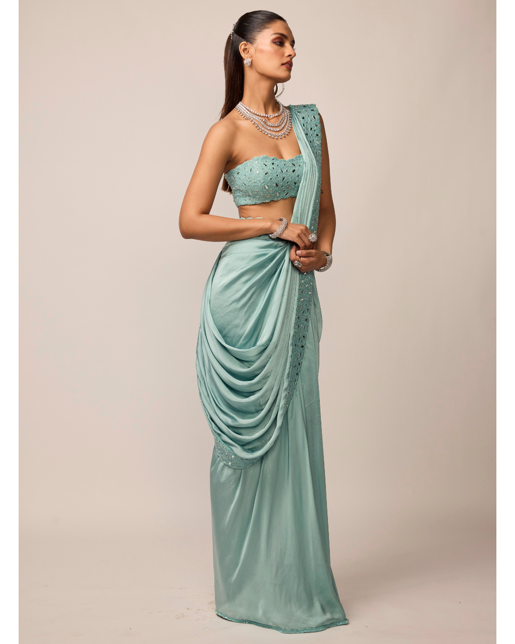 Powder Blue Satin Draped Sari Set