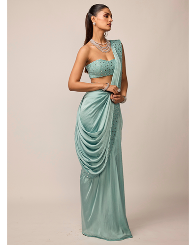 Powder Blue Satin Draped Sari Set