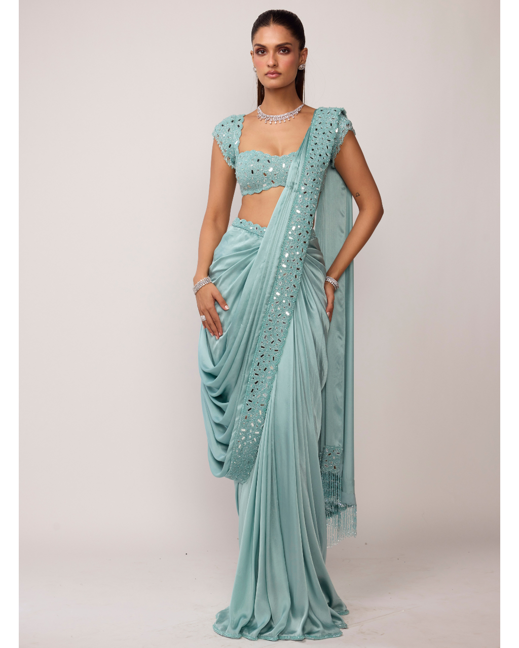 Powder Blue Draped Sari Set