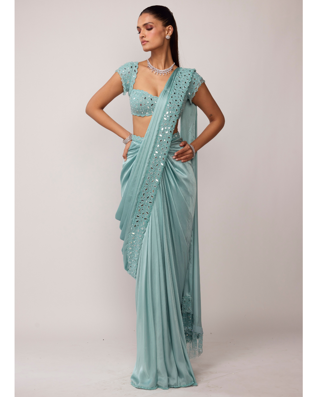 Powder Blue Draped Sari Set
