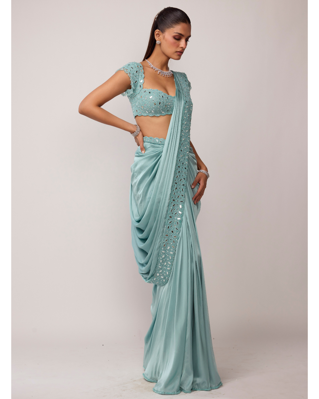 Powder Blue Draped Sari Set