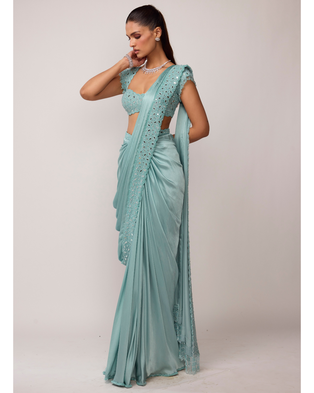 Powder Blue Draped Sari Set