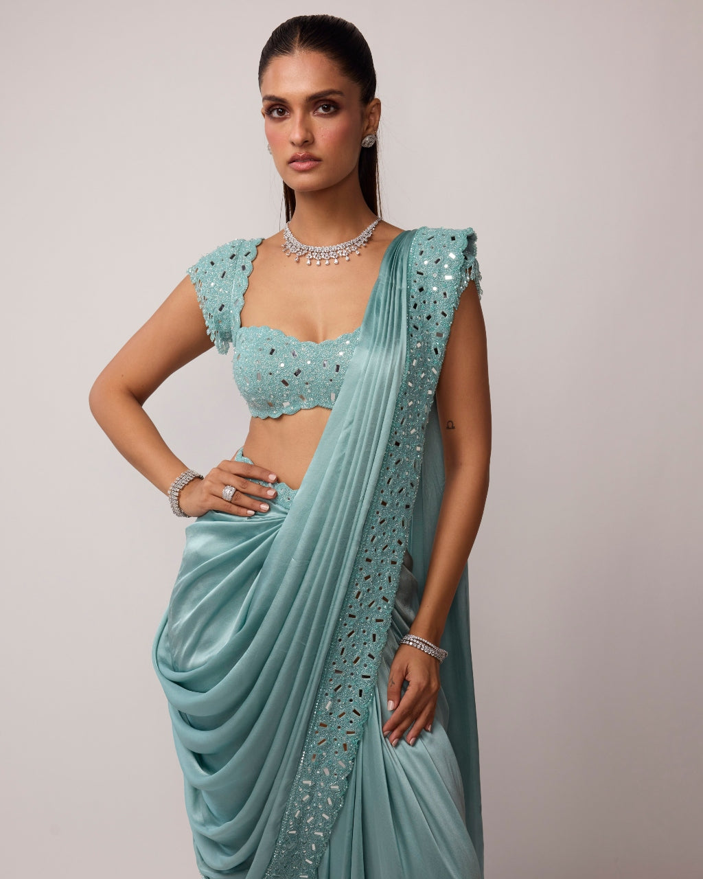Powder Blue Draped Sari Set